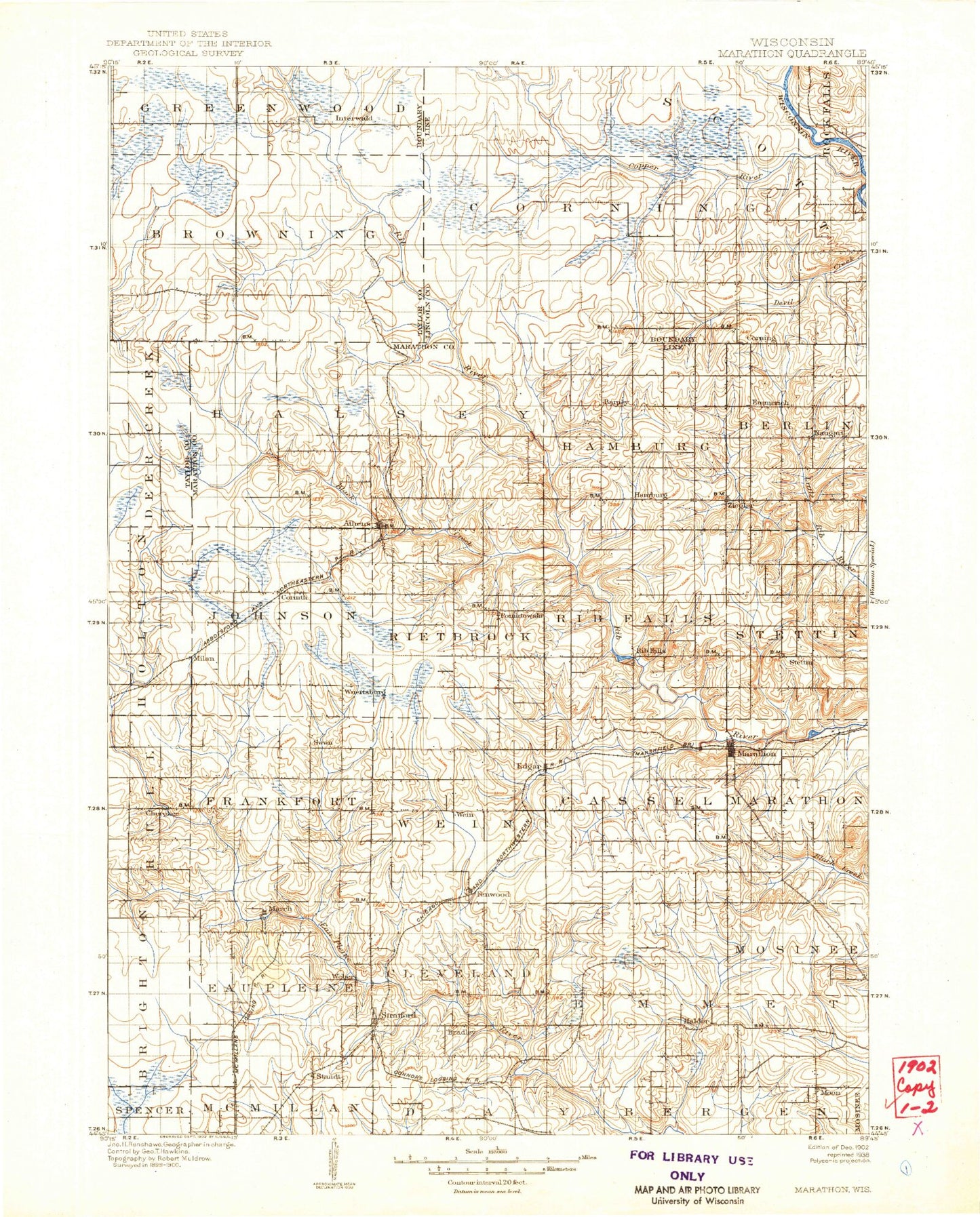 Historic 1902 Marathon Wisconsin 30'x30' Topo Map Image