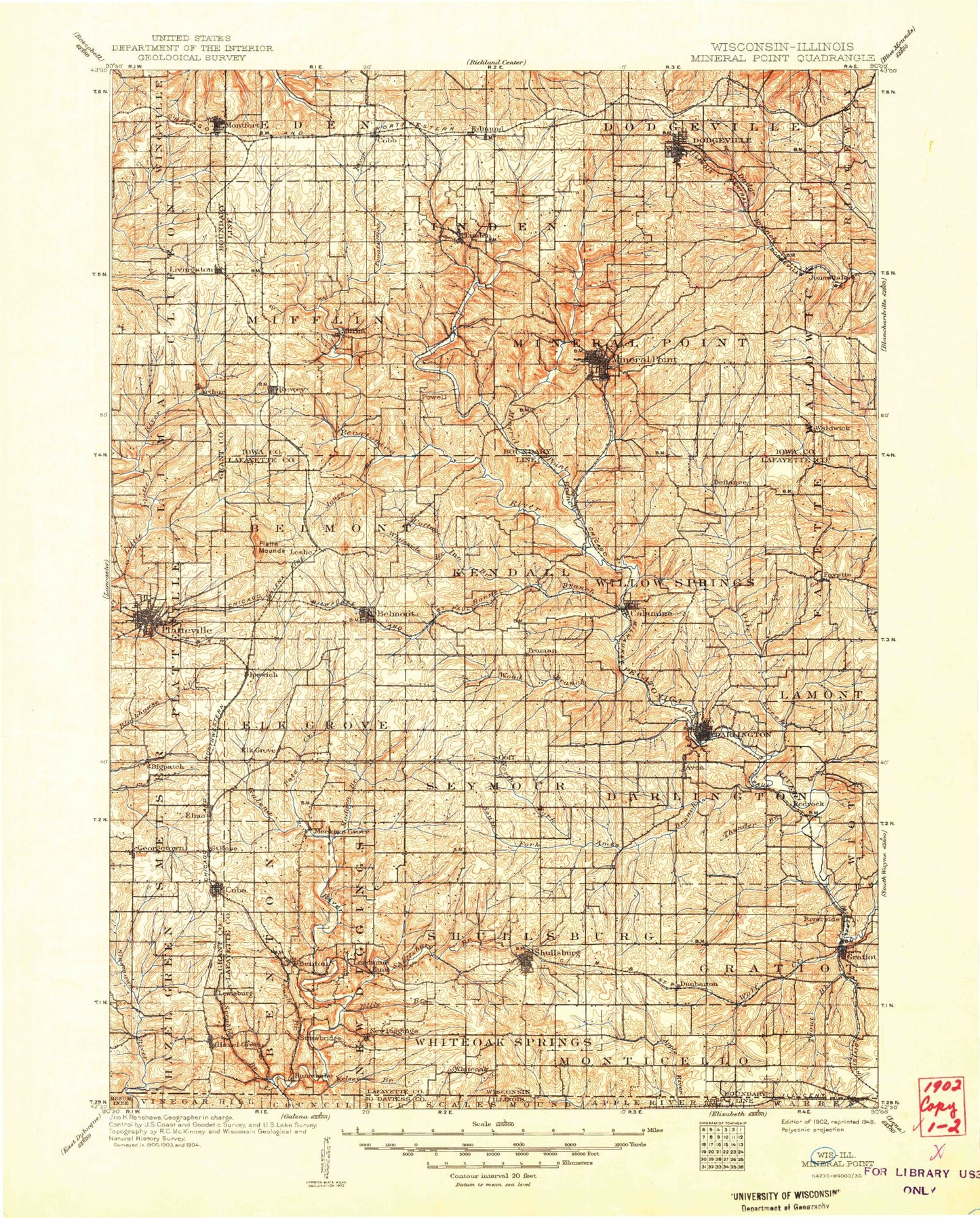 Historic 1902 Mineral Point Wisconsin 30'x30' Topo Map Image