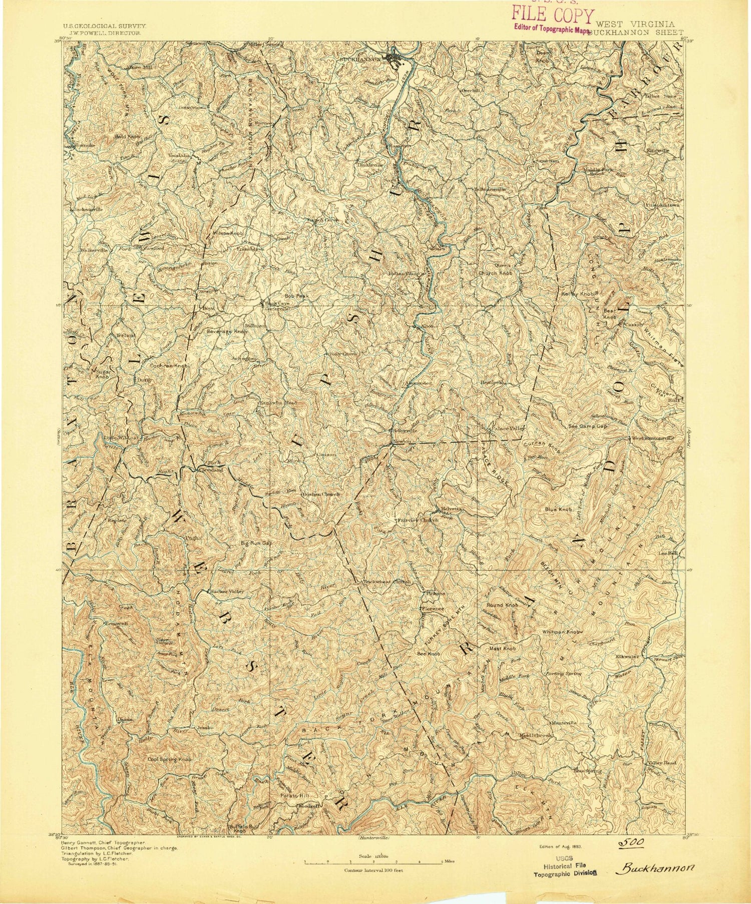 Historic 1893 Buckhannon West Virginia 30'x30' Topo Map Image