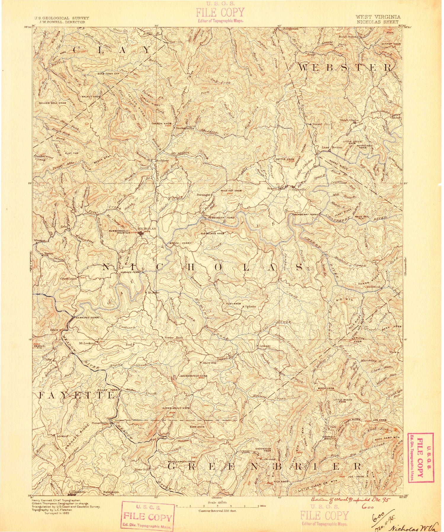 Historic 1889 Nicholas West Virginia 30'x30' Topo Map Image