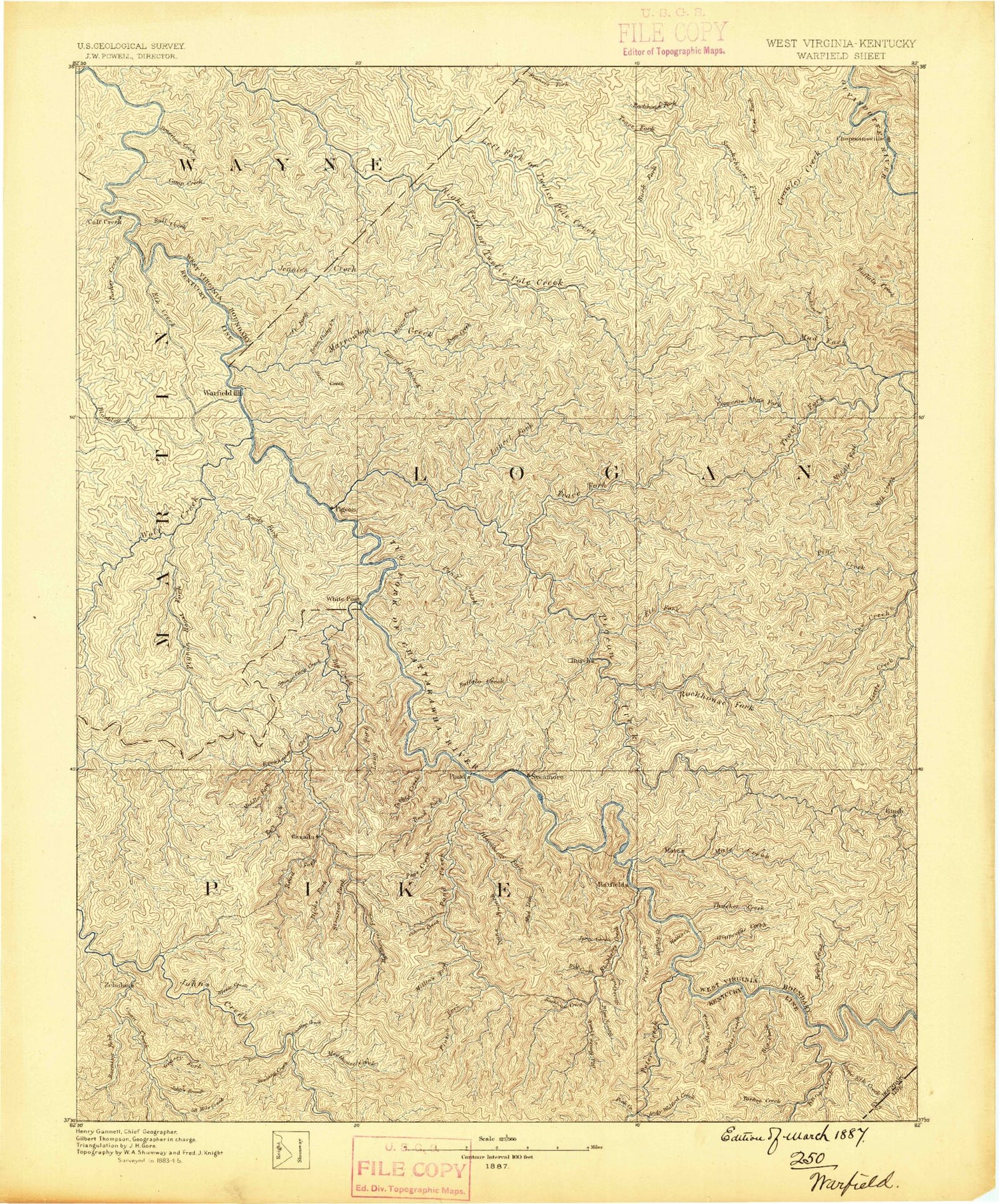 Historic 1887 Warfield West Virginia 30'x30' Topo Map Image