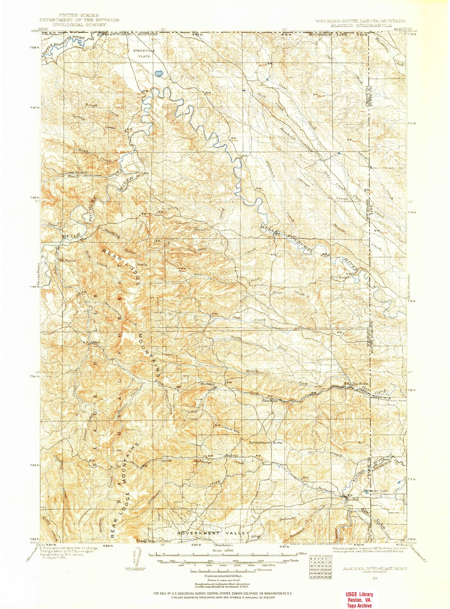 Historic 1901 Aladdin Wyoming 30'x30' Topo Map Image