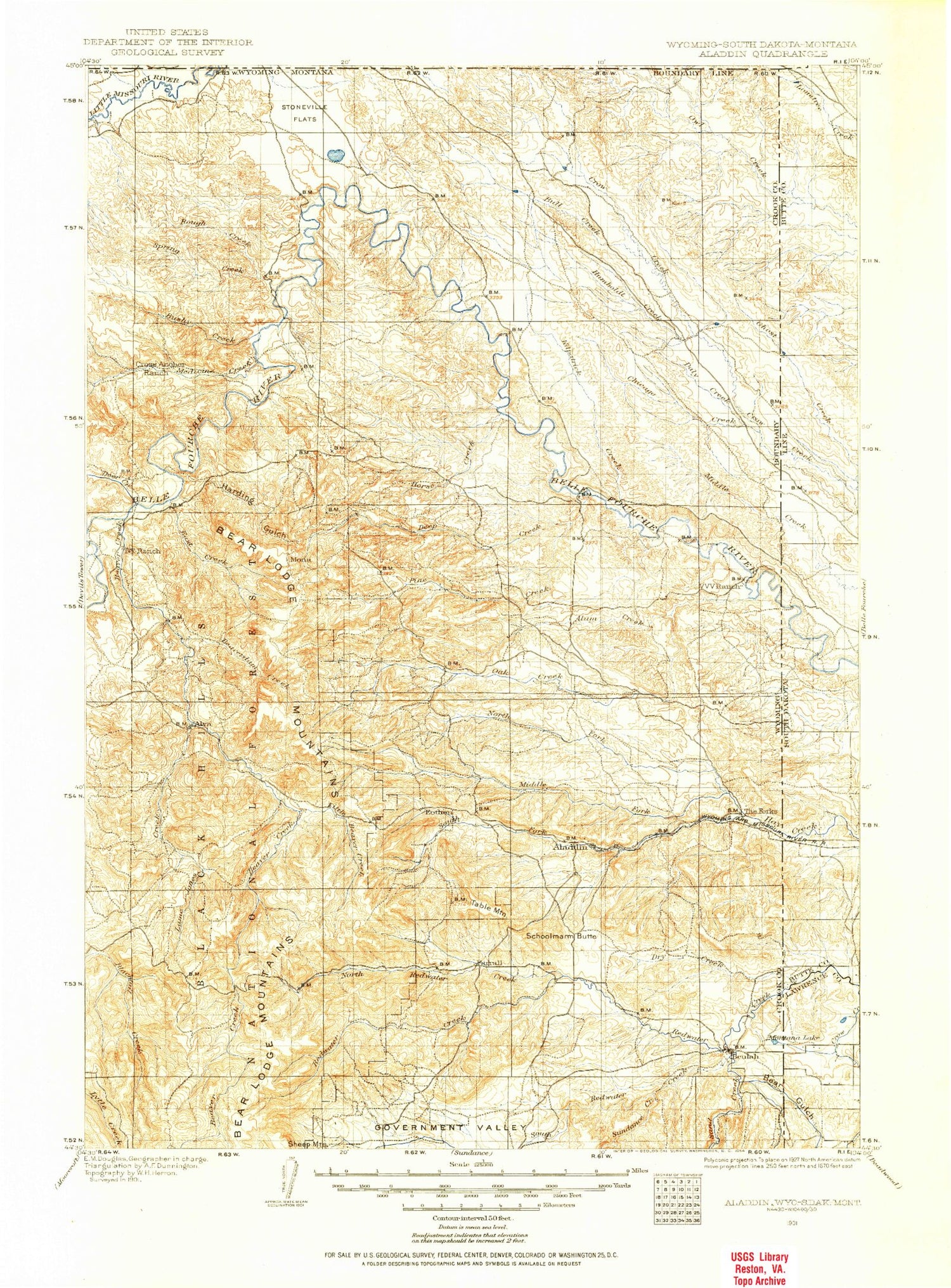 Historic 1901 Aladdin Wyoming 30'x30' Topo Map Image