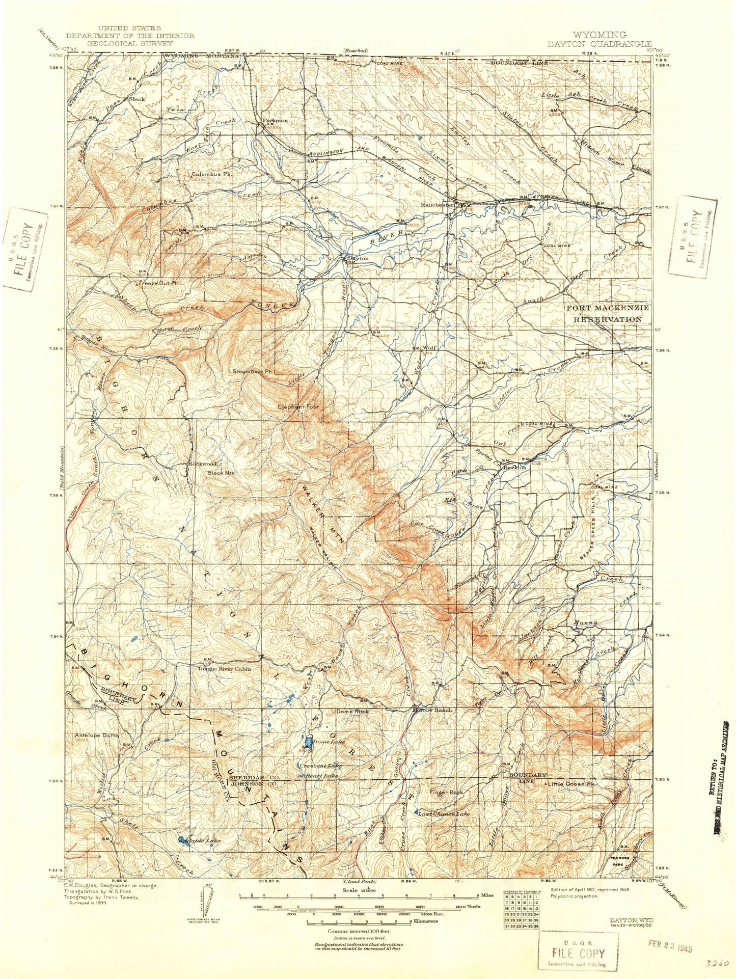 Historic 1901 Dayton Wyoming 30'x30' Topo Map Image