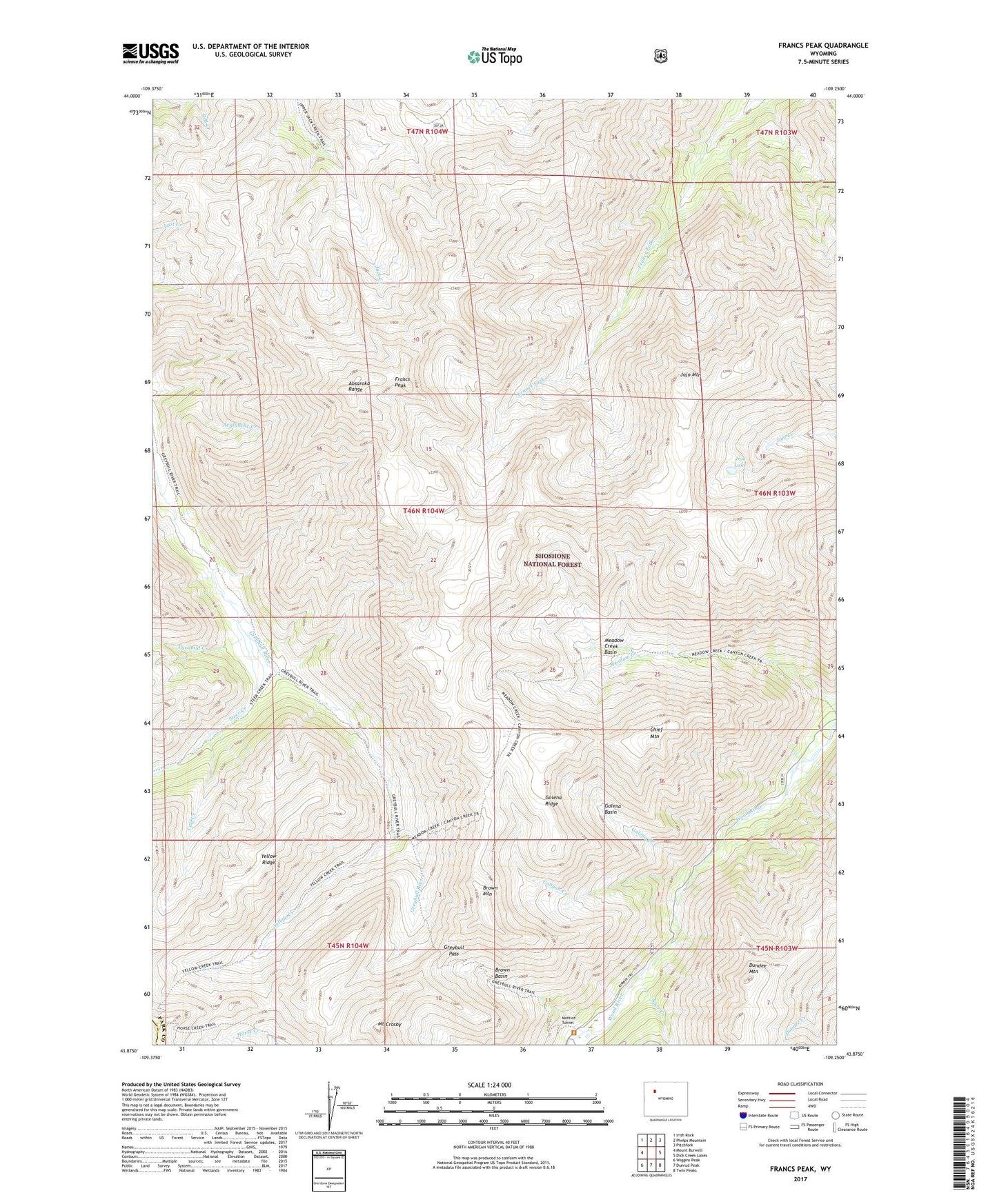 Francs Peak Wyoming US Topo Map Image