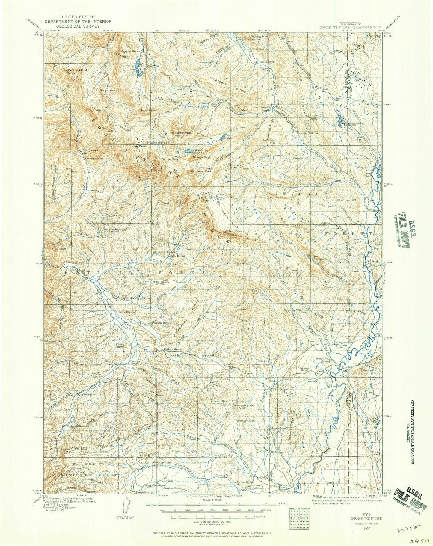 Historic 1907 Gros Ventre Wyoming 30'x30' Topo Map Image