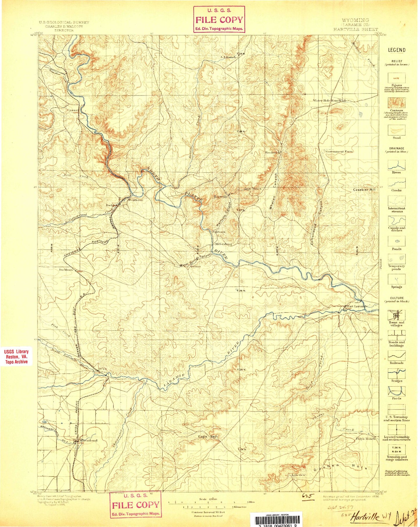 Historic 1896 Hartville Wyoming 30'x30' Topo Map Image