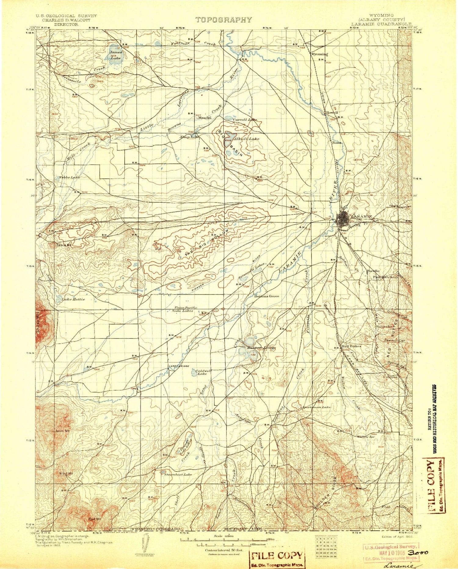 Historic 1905 Laramie Wyoming 30'x30' Topo Map Image