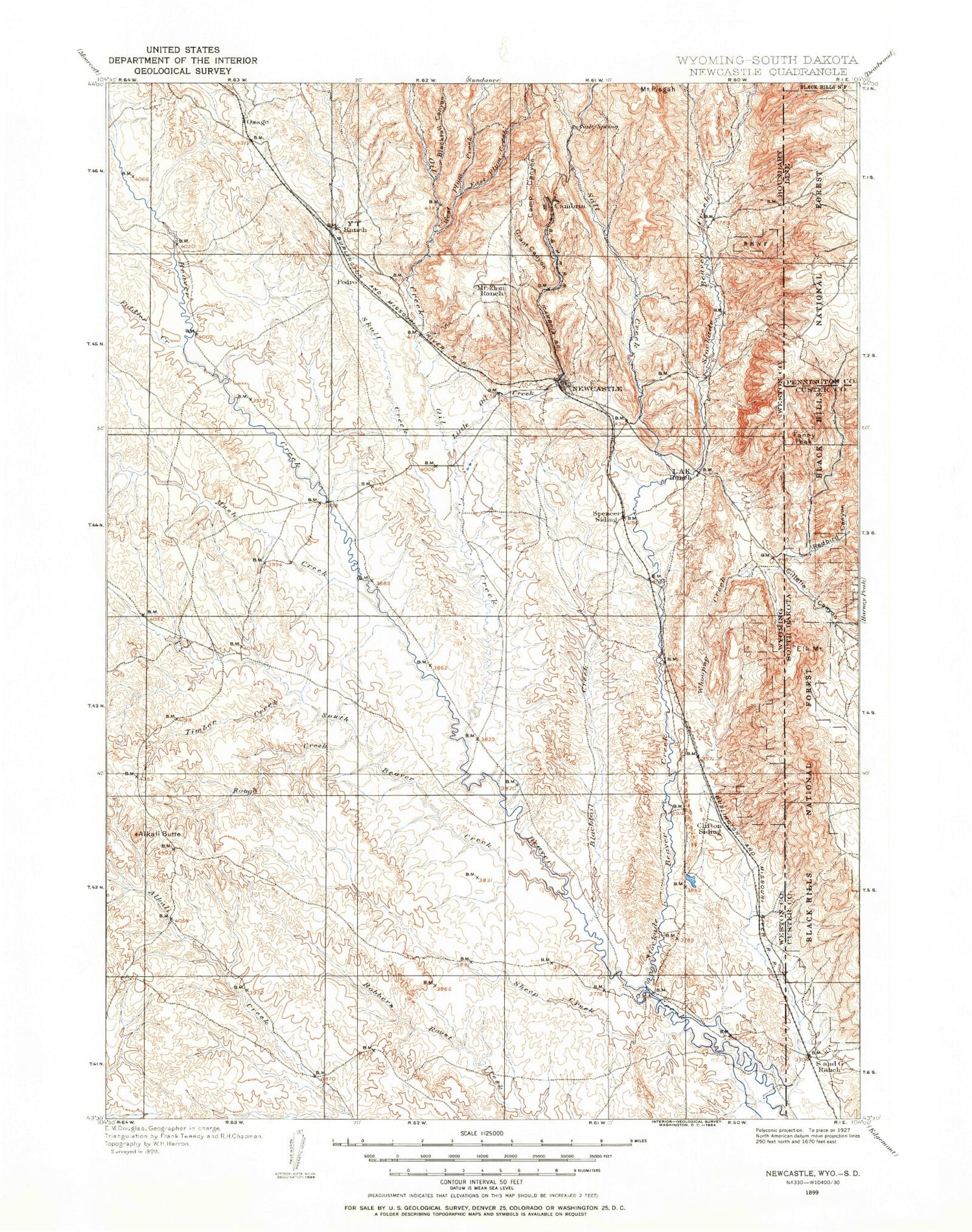 Historic 1899 New Castle Wyoming 30'x30' Topo Map Image