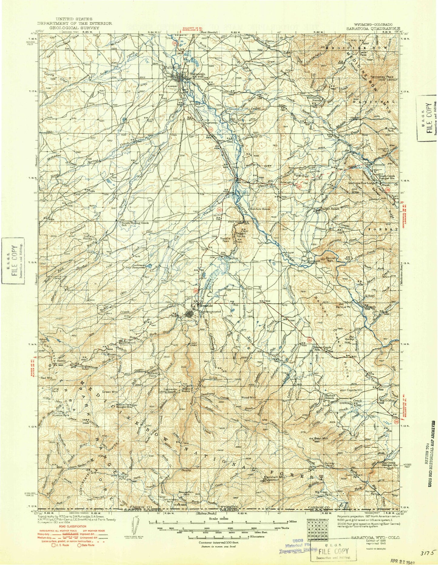 Historic 1939 Saratoga Wyoming 30'x30' Topo Map Image