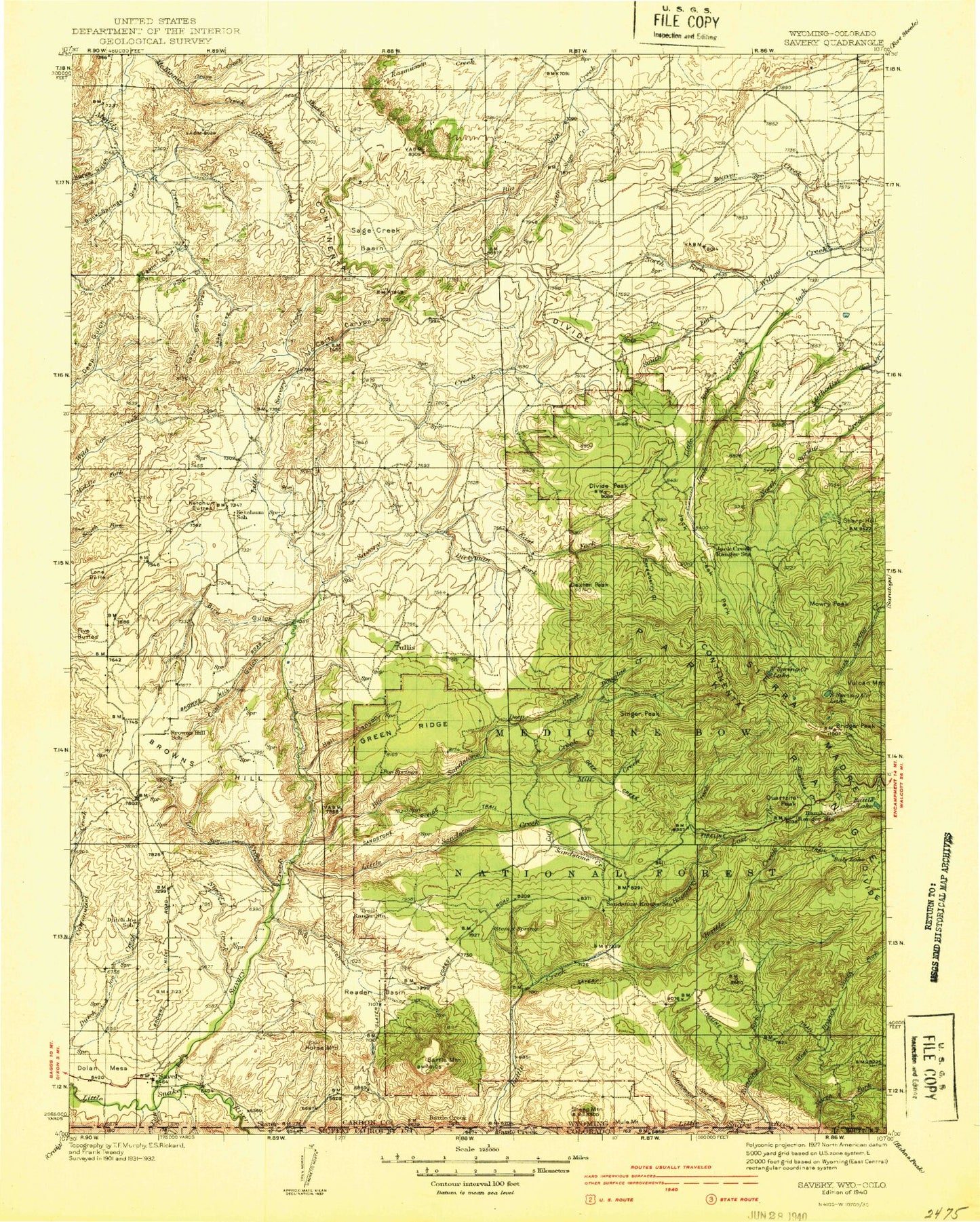Historic 1940 Savery Wyoming 30'x30' Topo Map Image