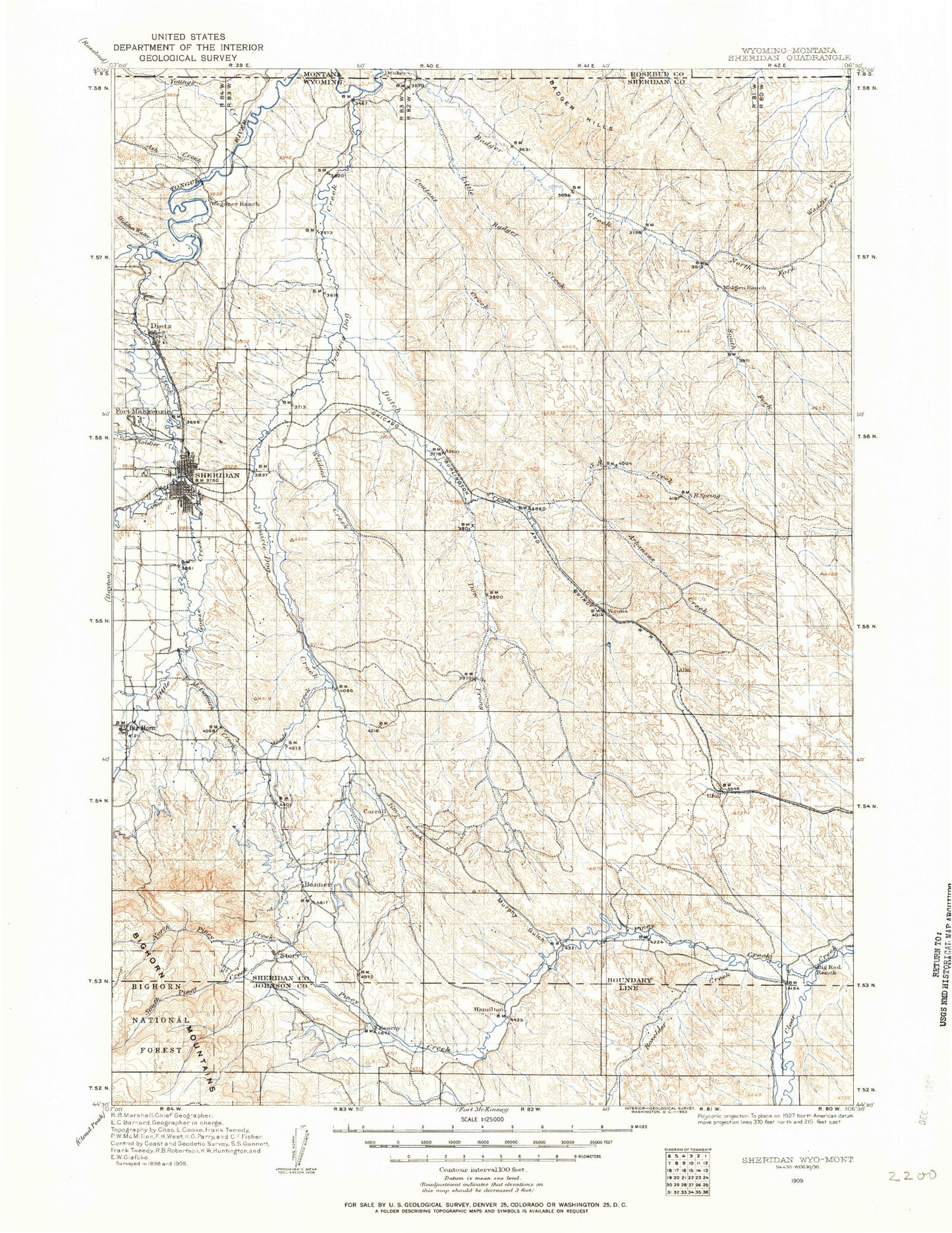 Historic 1909 Sheridan Wyoming 30'x30' Topo Map Image
