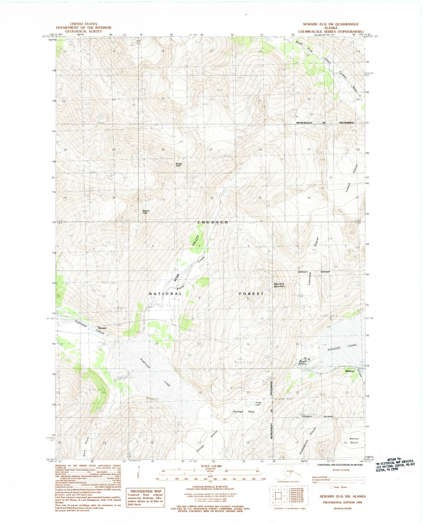 Classic USGS Seward D-5 SW Alaska 7.5'x7.5' Topo Map Image