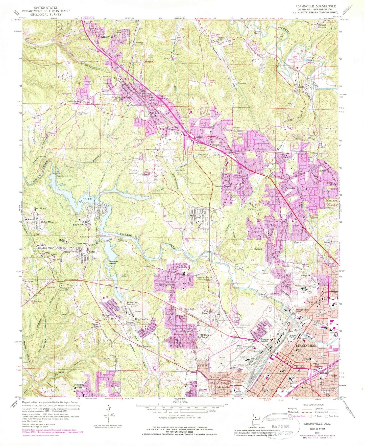 Classic USGS Adamsville Alabama 7.5'x7.5' Topo Map Image