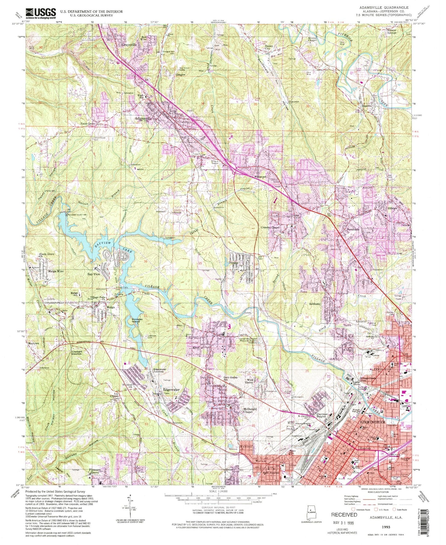 Classic USGS Adamsville Alabama 7.5'x7.5' Topo Map Image