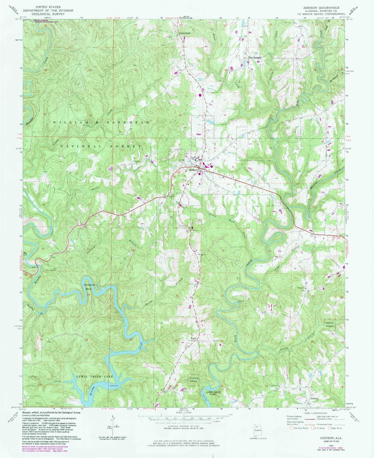 Classic USGS Addison Alabama 7.5'x7.5' Topo Map Image