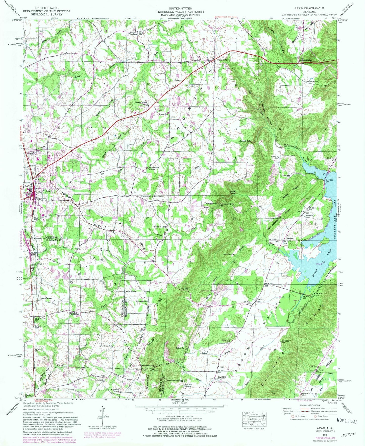 Classic USGS Arab Alabama 7.5'x7.5' Topo Map Image