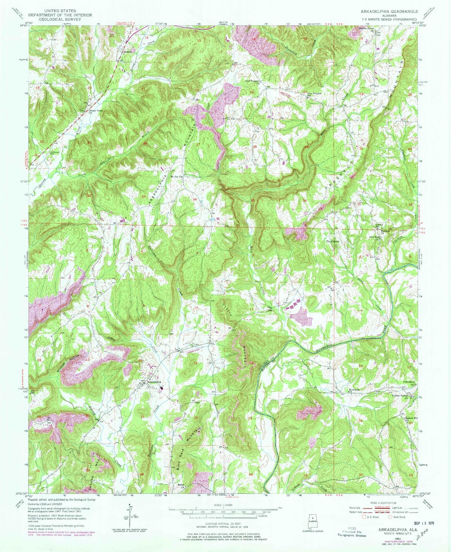 Classic USGS Arkadelphia Alabama 7.5'x7.5' Topo Map Image