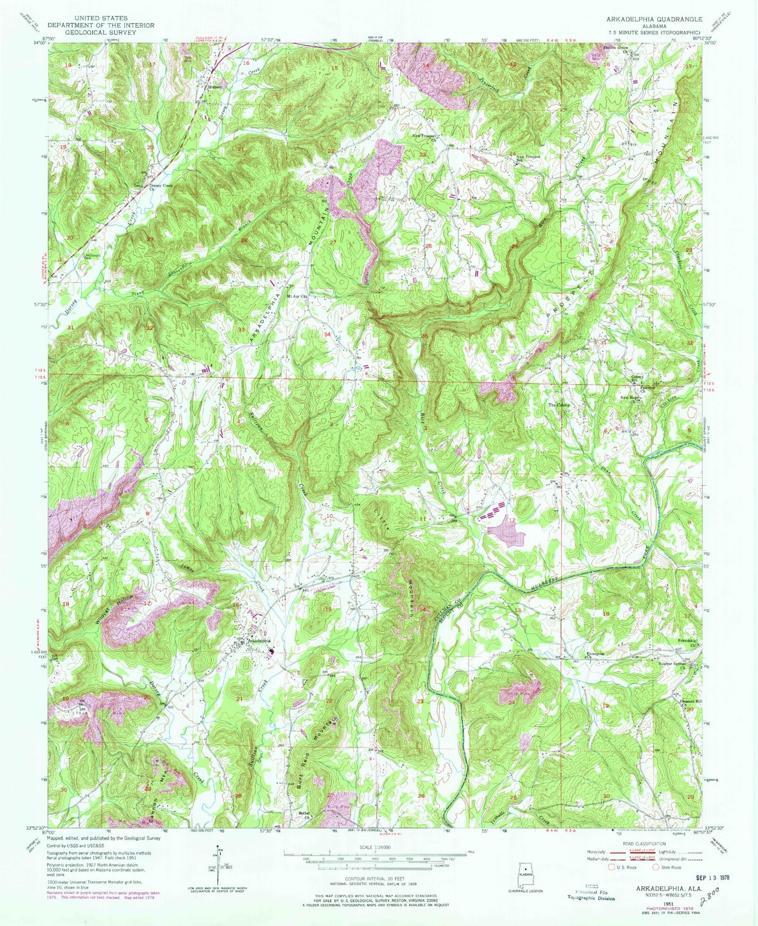 Classic USGS Arkadelphia Alabama 7.5'x7.5' Topo Map Image
