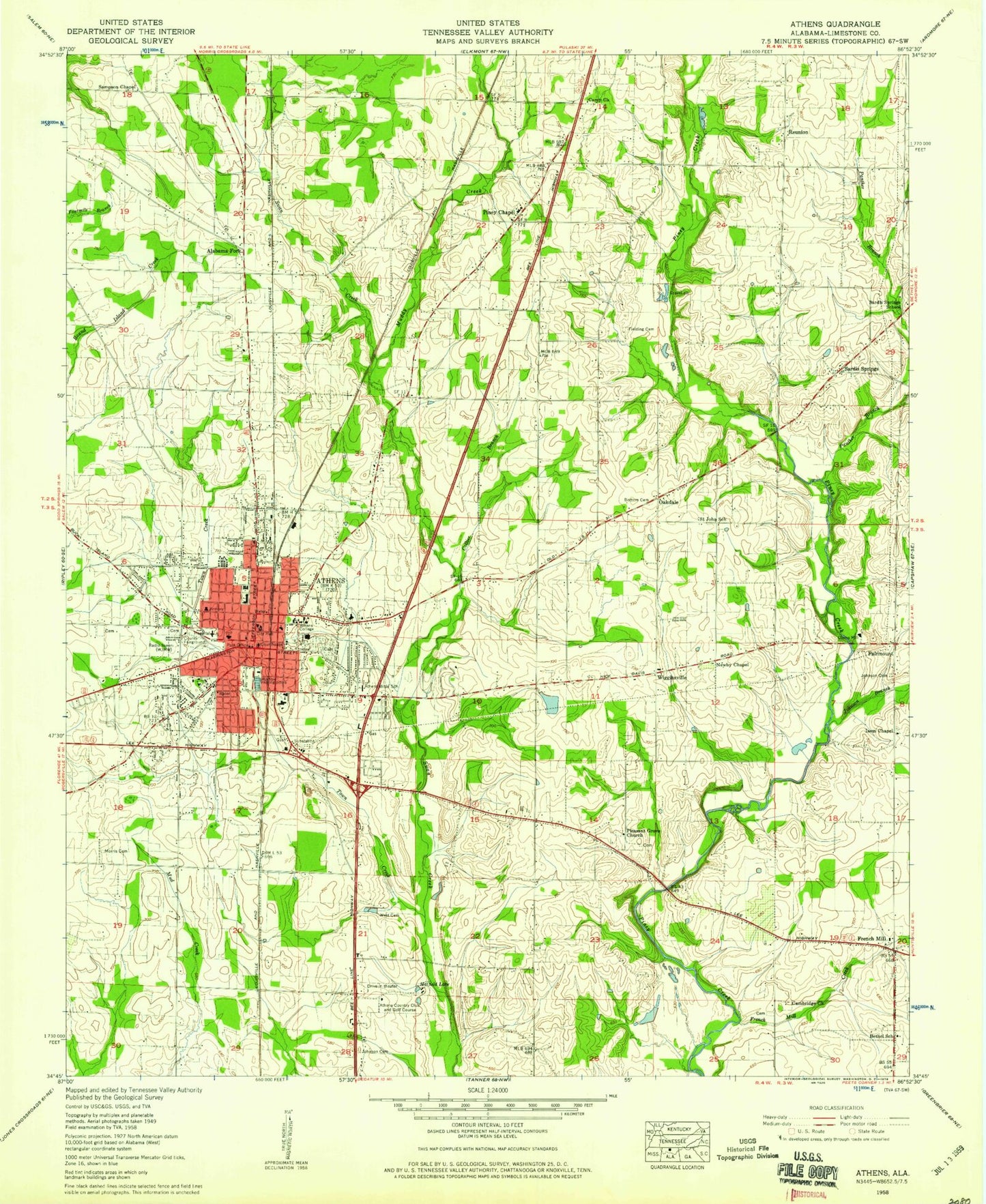 Classic USGS Athens Alabama 7.5'x7.5' Topo Map Image