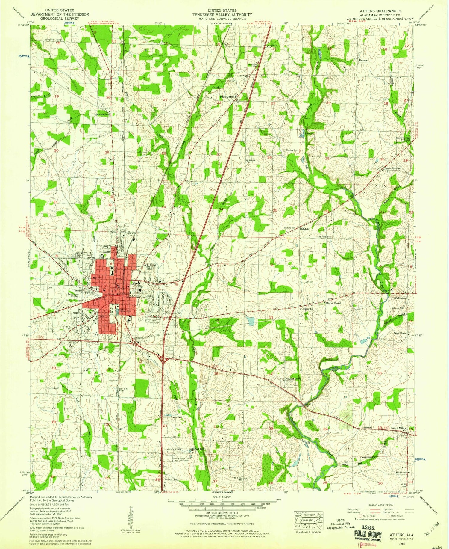 Classic USGS Athens Alabama 7.5'x7.5' Topo Map Image