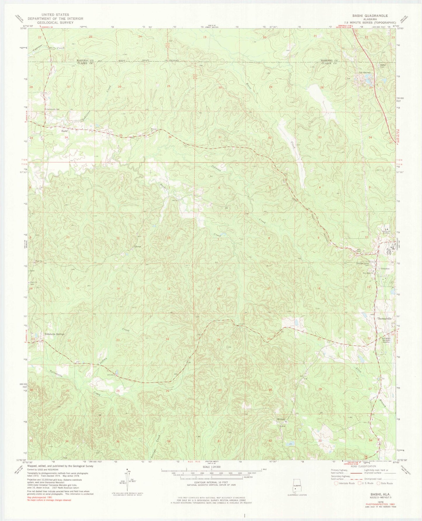 Classic USGS Bashi Alabama 7.5'x7.5' Topo Map Image