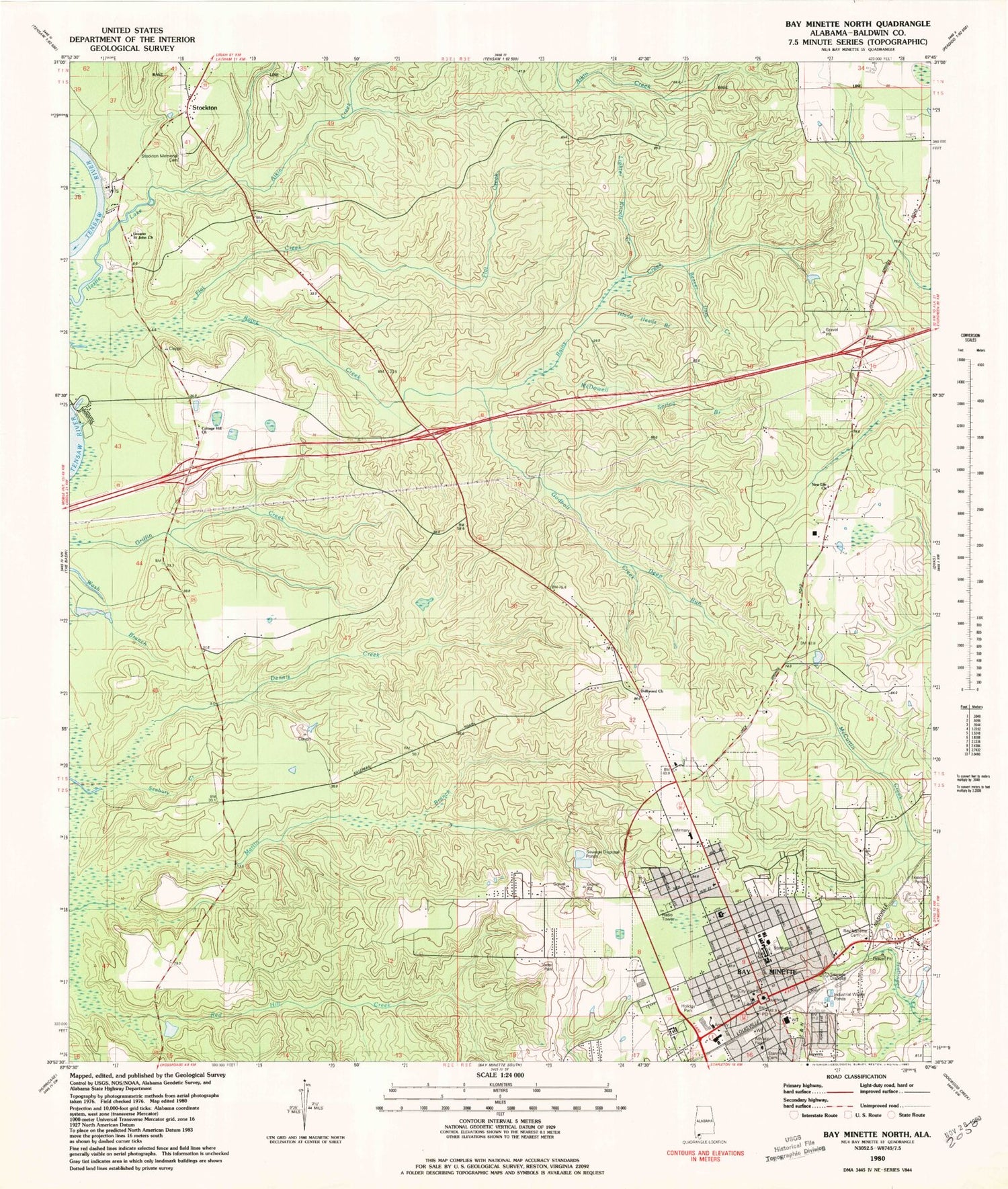 Classic USGS Bay Minette North Alabama 7.5'x7.5' Topo Map Image