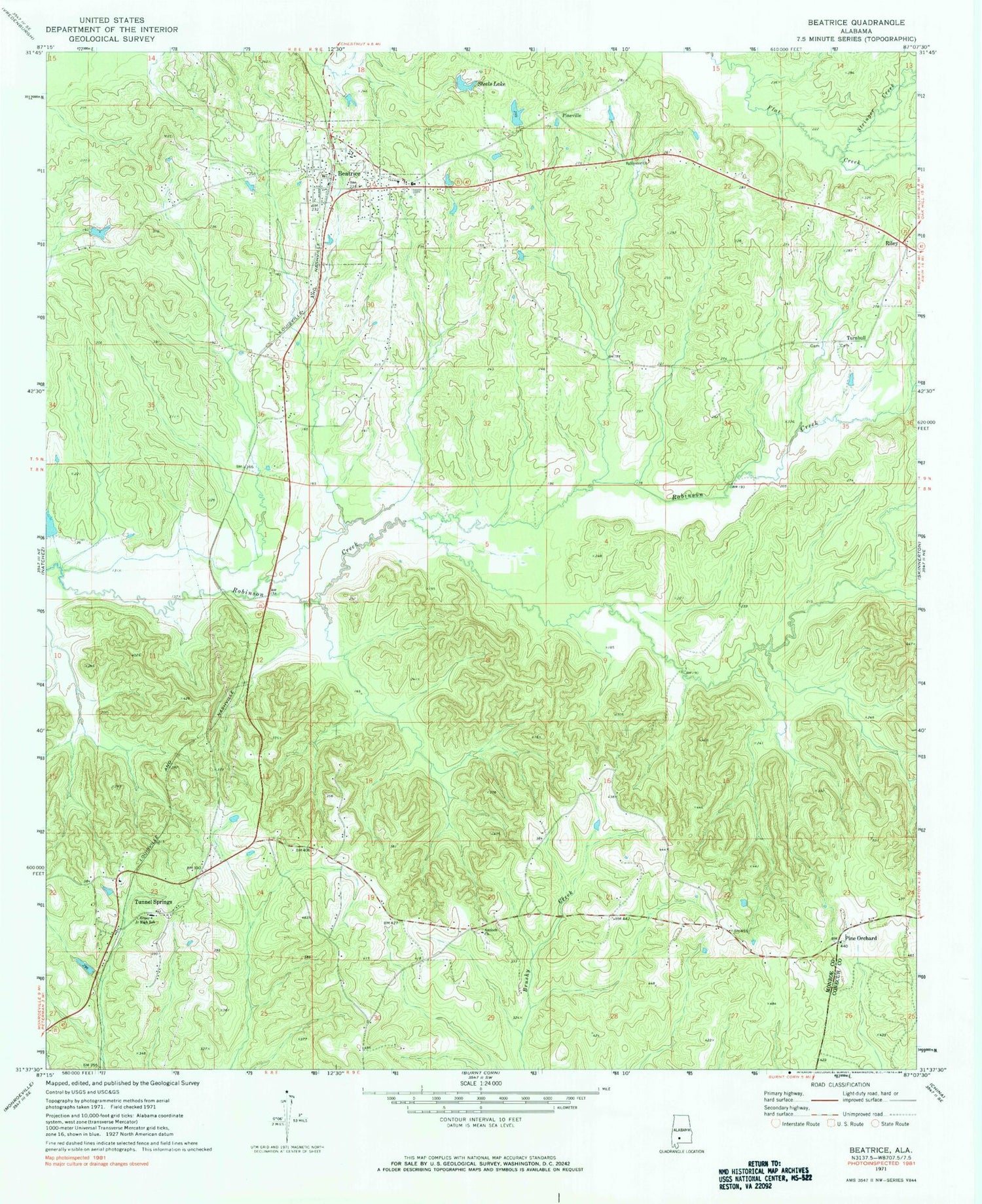 Classic USGS Beatrice Alabama 7.5'x7.5' Topo Map Image
