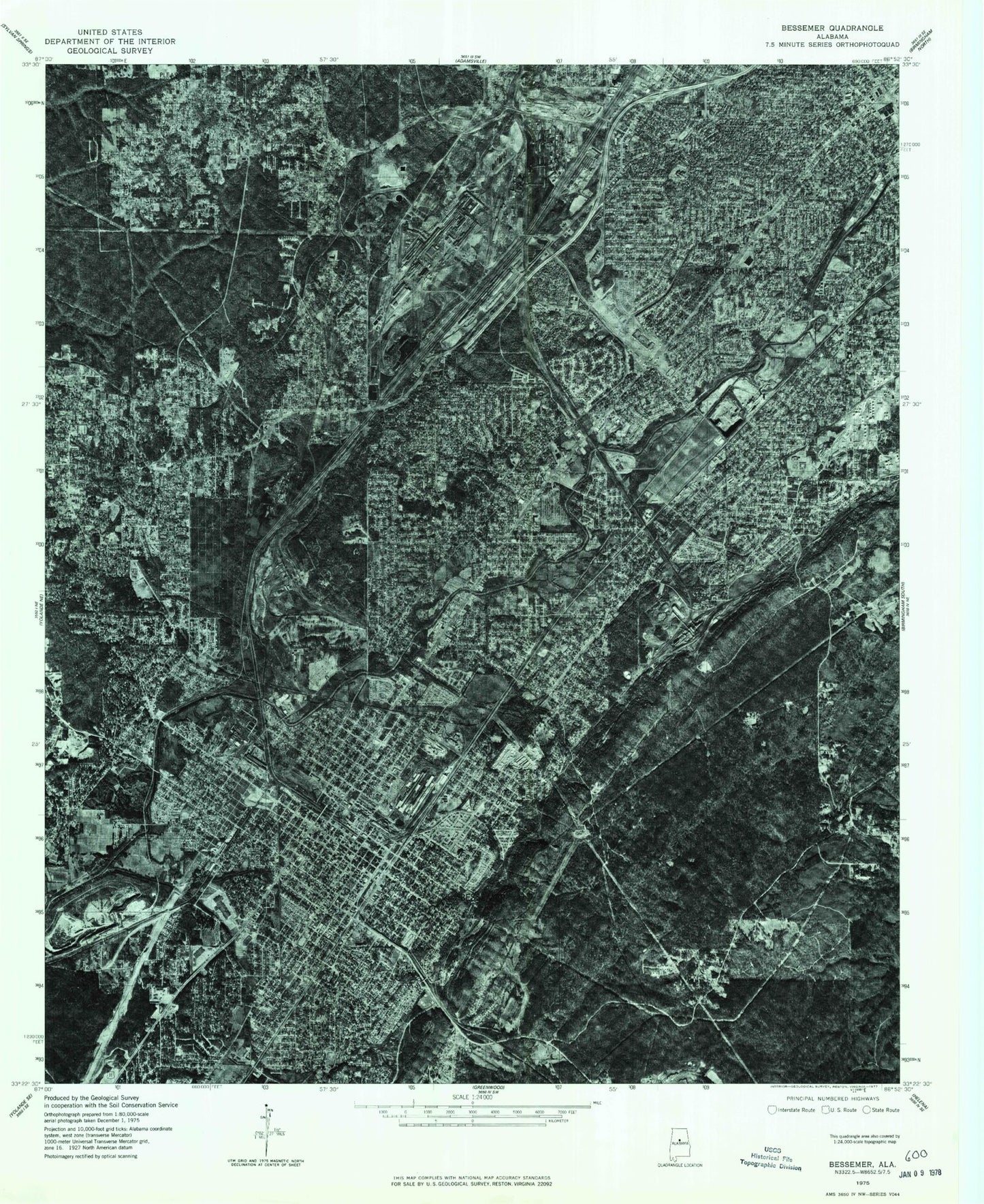 Classic USGS Bessemer Alabama 7.5'x7.5' Topo Map Image