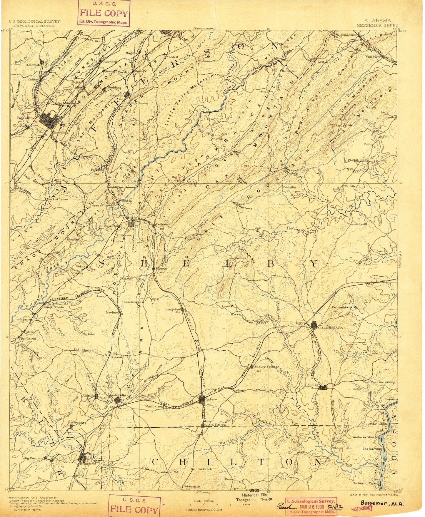 Historic 1892 Bessemer Alabama 30'x30' Topo Map Image