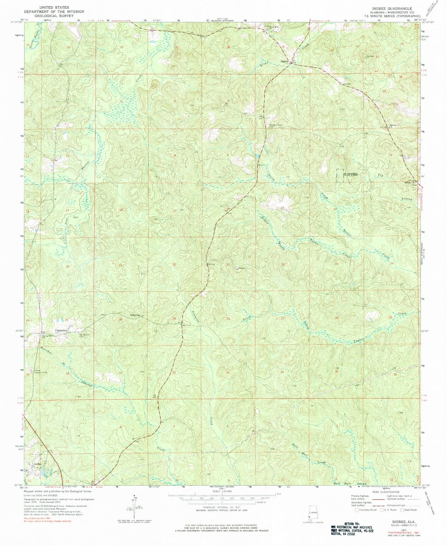 Classic USGS Bigbee Alabama 7.5'x7.5' Topo Map Image