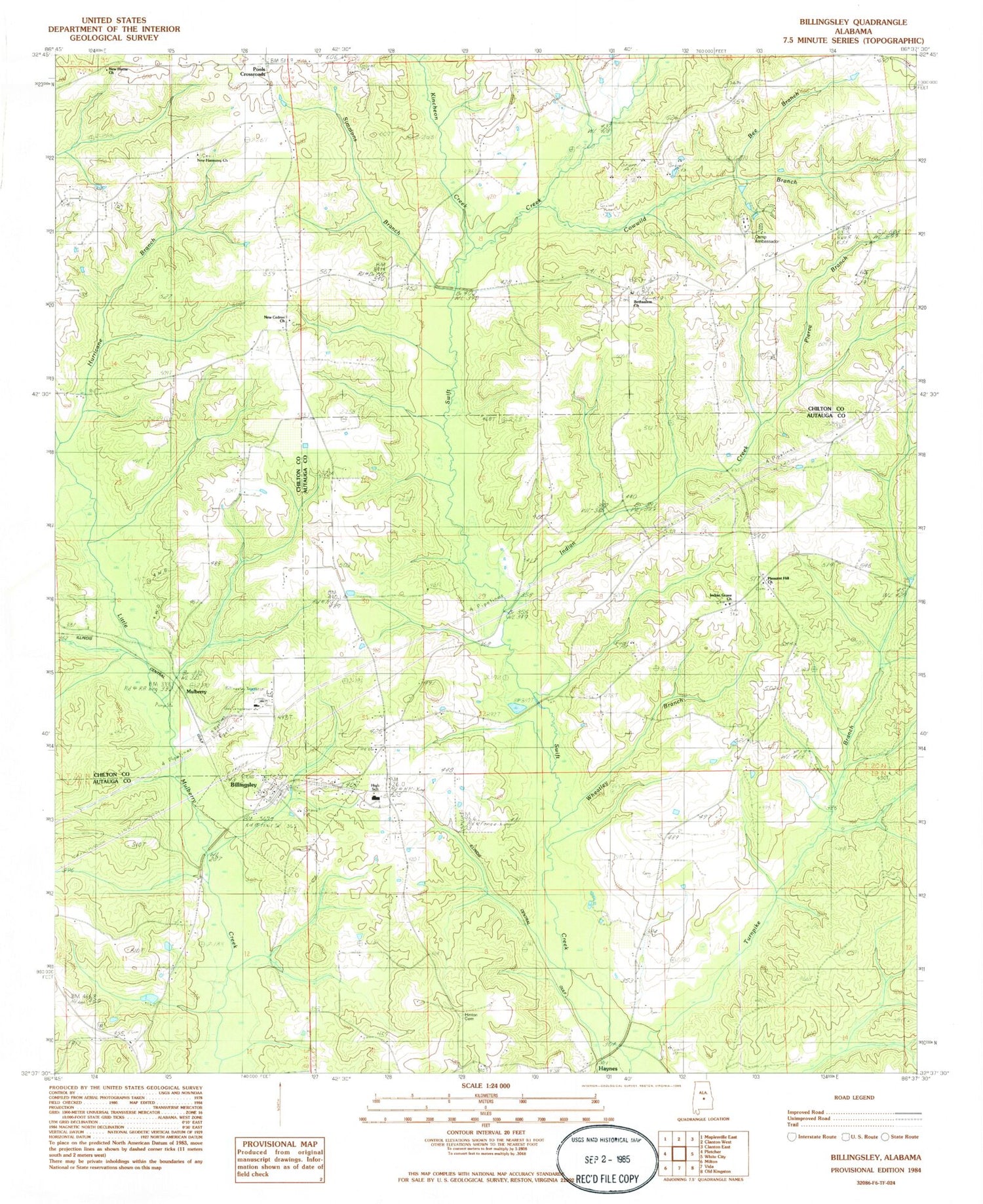 Classic USGS Billingsley Alabama 7.5'x7.5' Topo Map Image