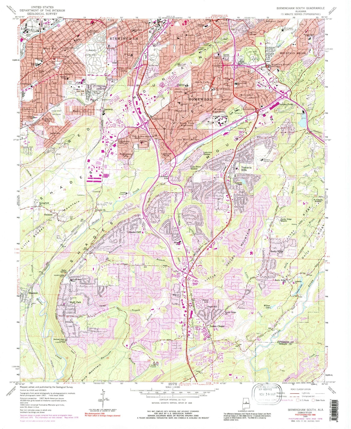 Classic USGS Birmingham South Alabama 7.5'x7.5' Topo Map Image