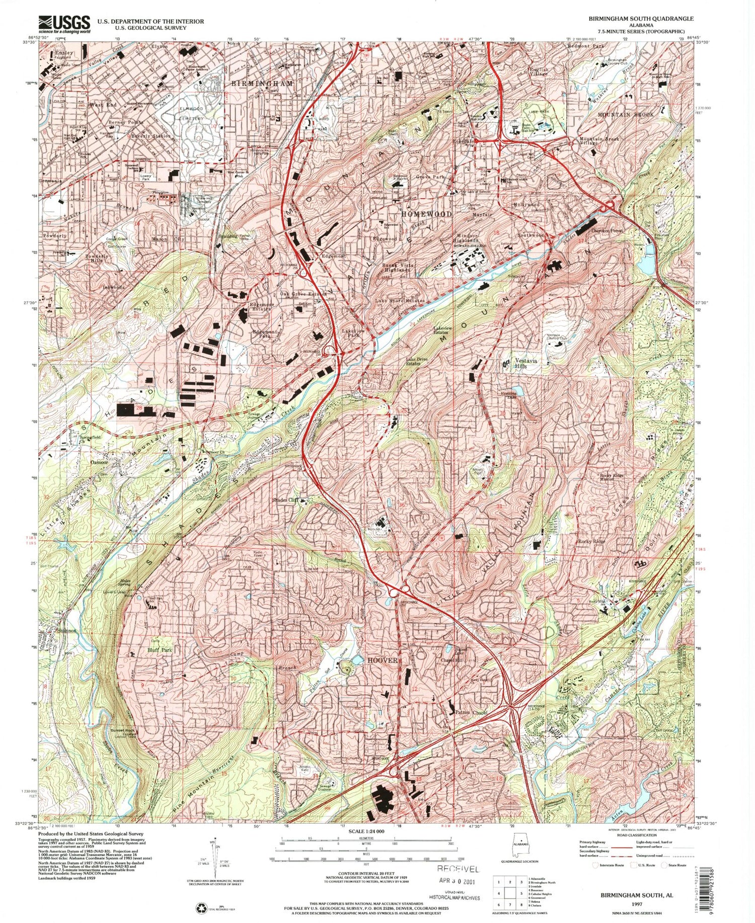 Classic USGS Birmingham South Alabama 7.5'x7.5' Topo Map Image