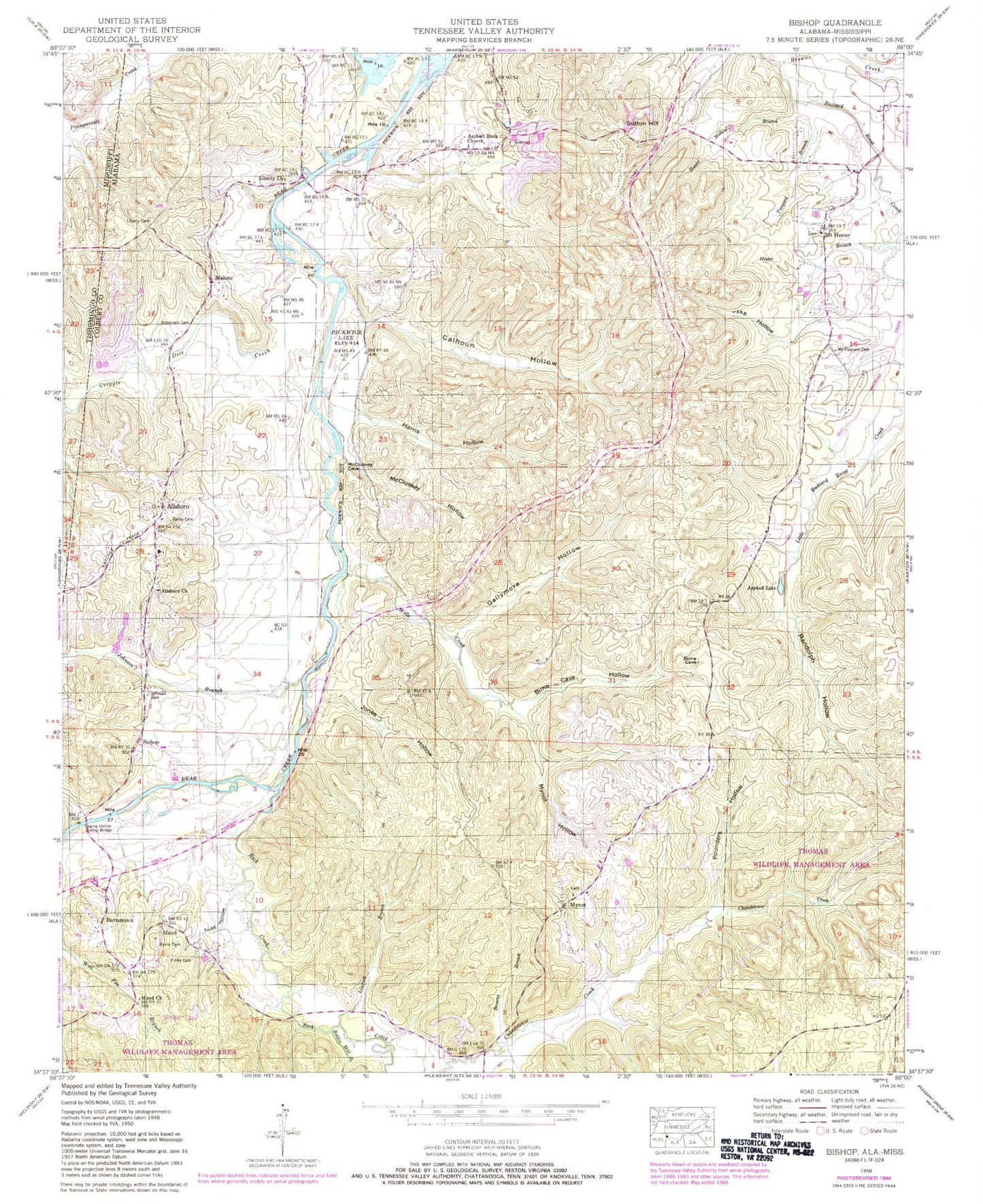 Classic USGS Bishop Alabama 7.5'x7.5' Topo Map Image