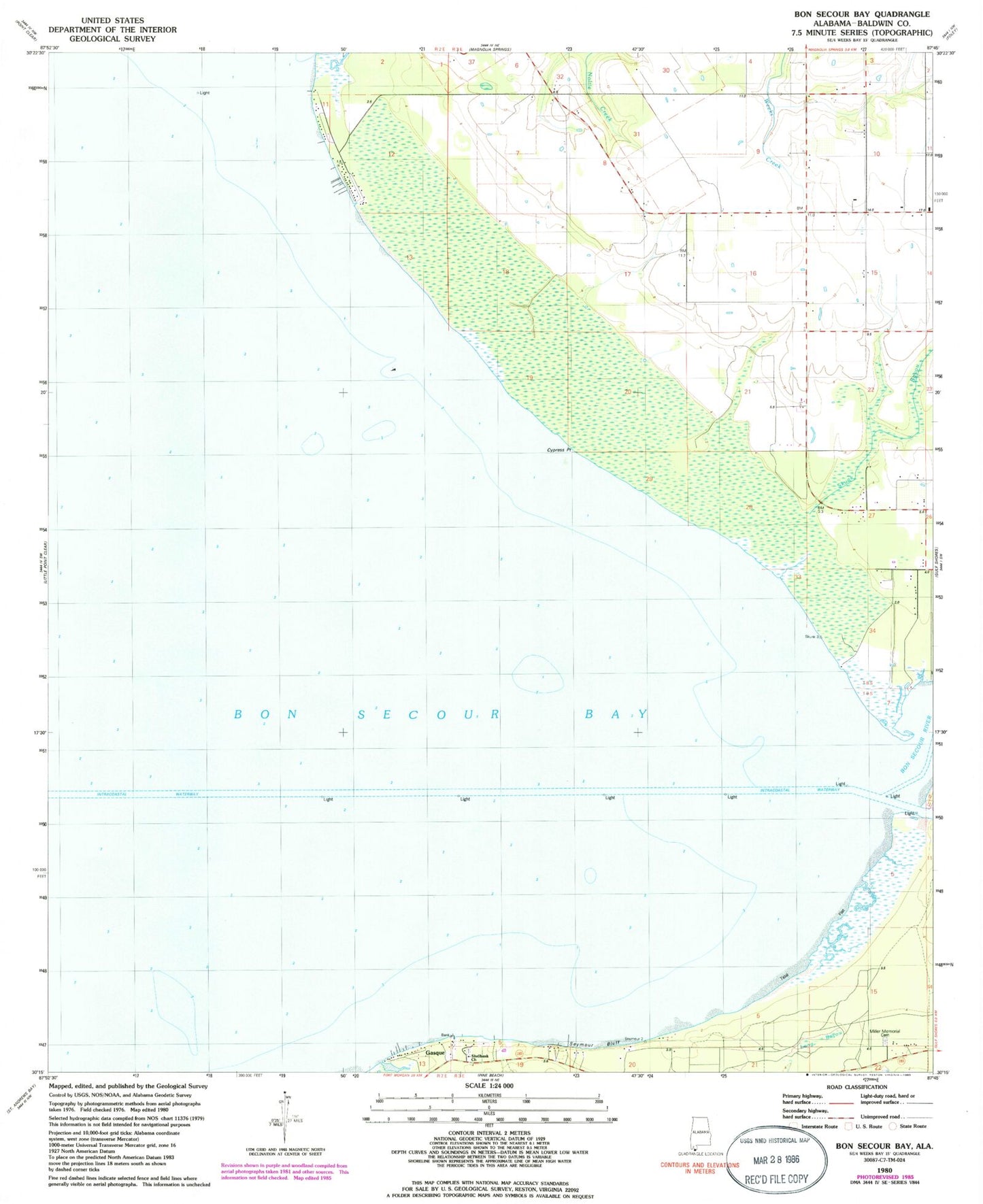 Classic USGS Bon Secour Bay Alabama 7.5'x7.5' Topo Map Image