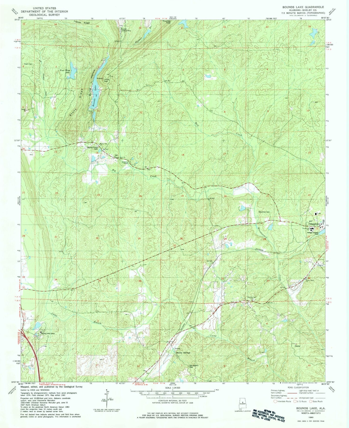 Classic USGS Bounds Lake Alabama 7.5'x7.5' Topo Map Image