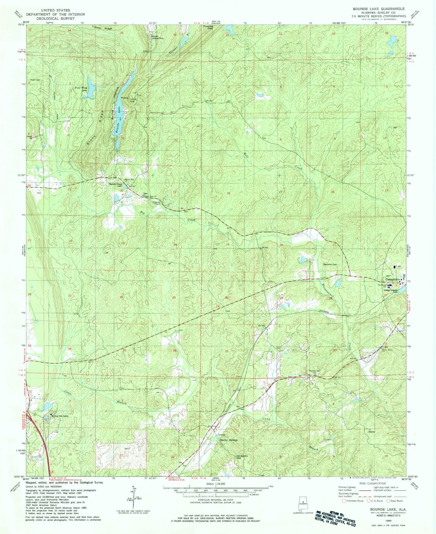 Classic USGS Bounds Lake Alabama 7.5'x7.5' Topo Map Image