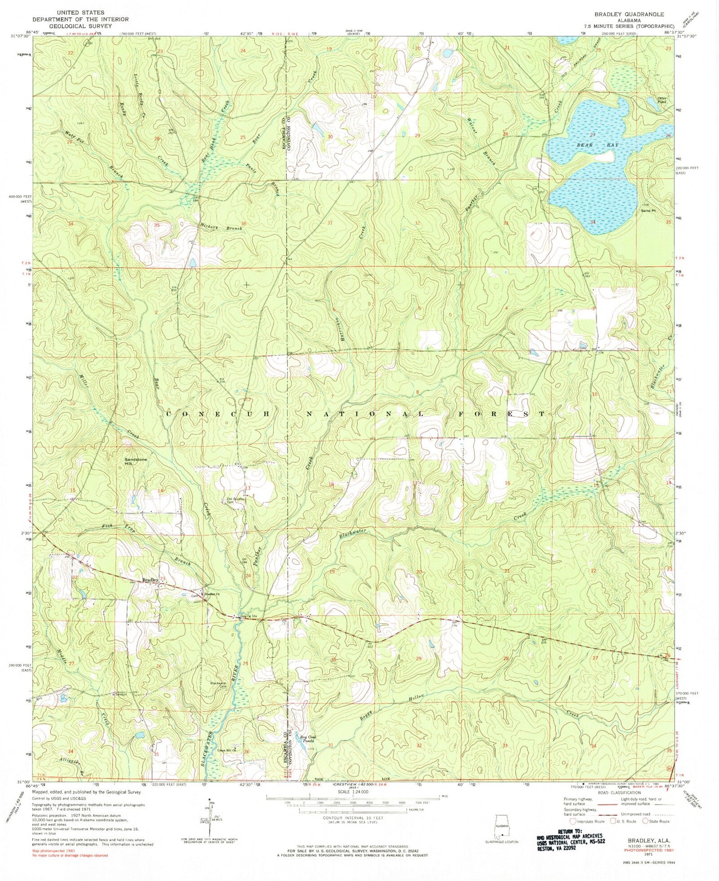 Classic USGS Bradley Alabama 7.5'x7.5' Topo Map Image