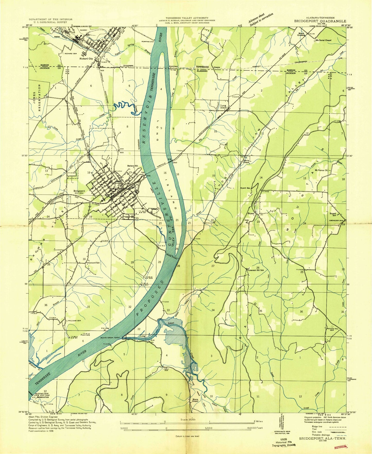 Classic USGS Bridgeport Alabama 7.5'x7.5' Topo Map Image