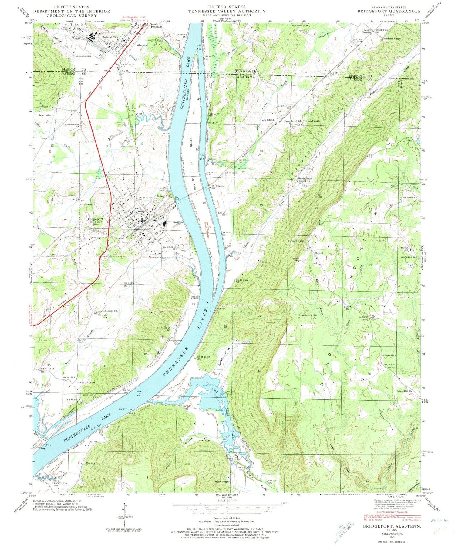 Classic USGS Bridgeport Alabama 7.5'x7.5' Topo Map Image