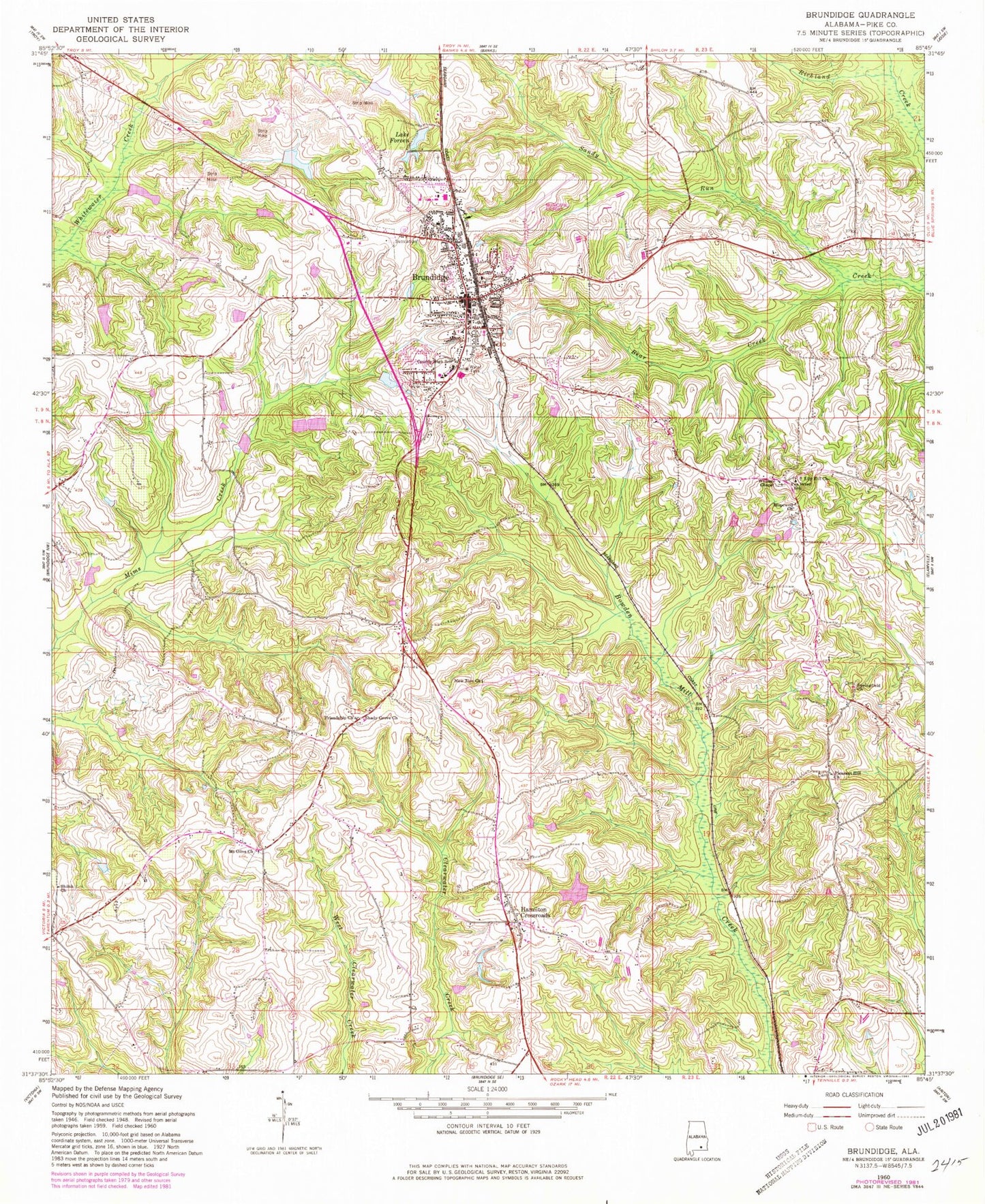 Classic USGS Brundidge Alabama 7.5'x7.5' Topo Map Image