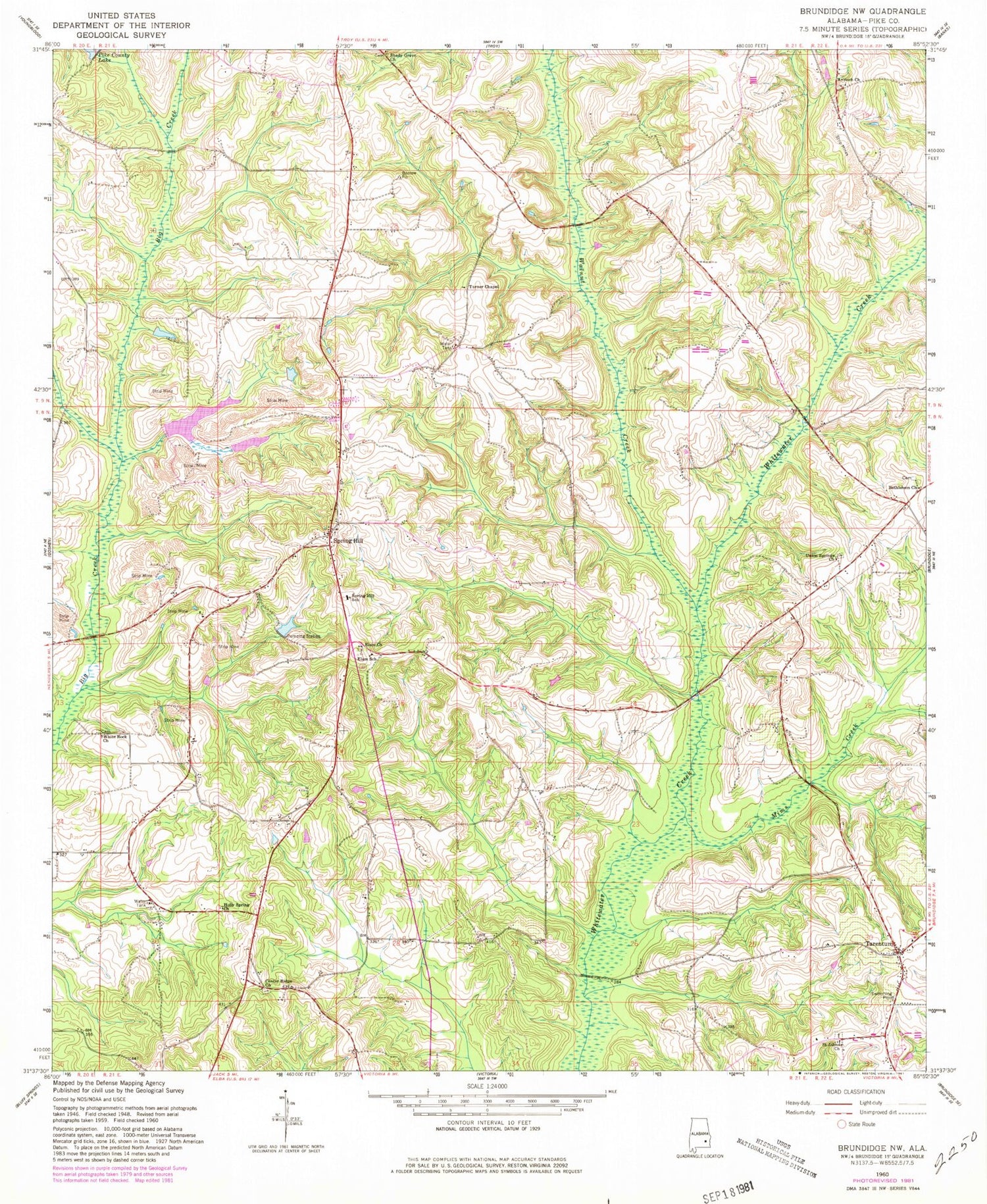Classic USGS Brundidge NW Alabama 7.5'x7.5' Topo Map Image