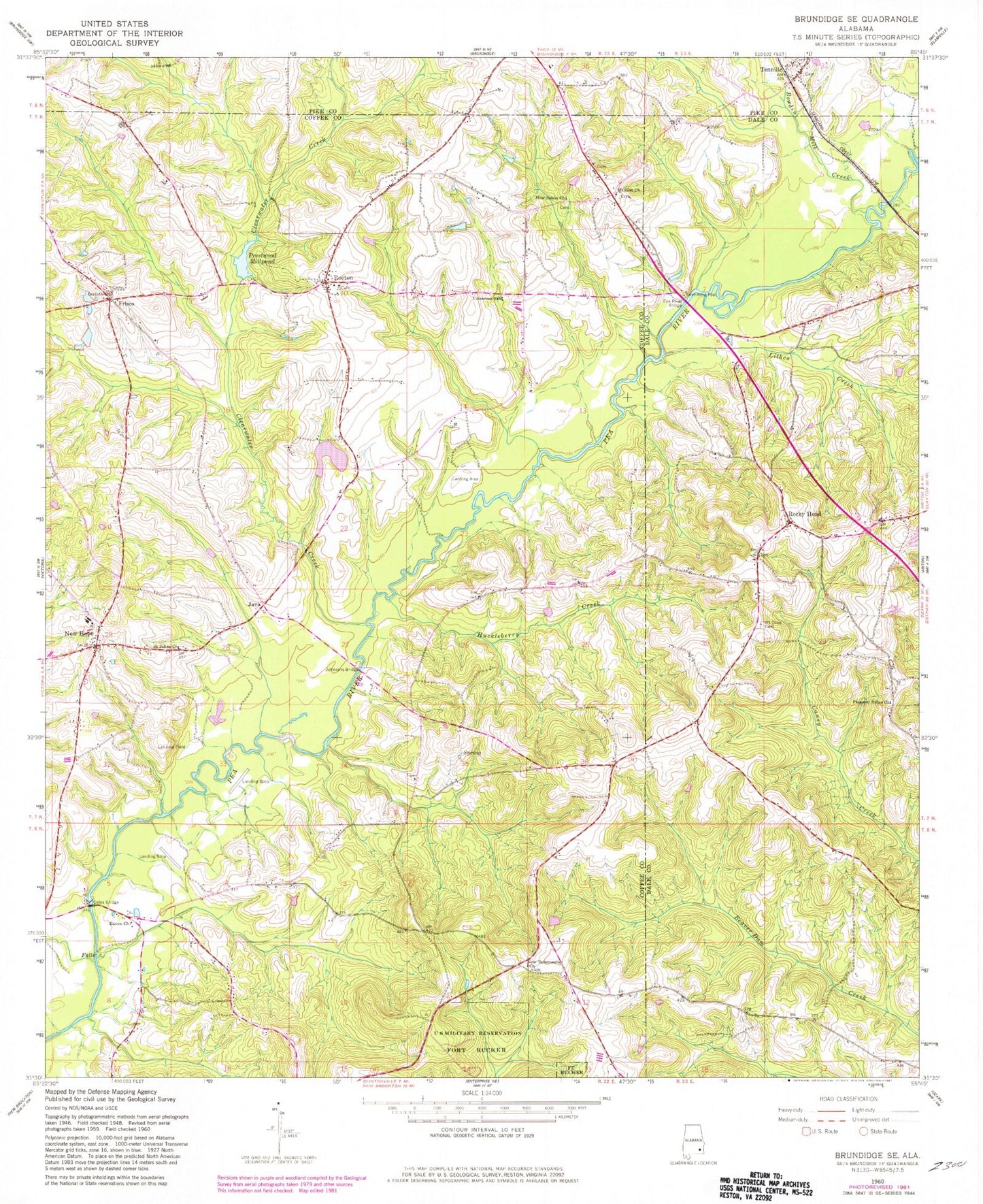 Classic USGS Brundidge SE Alabama 7.5'x7.5' Topo Map Image