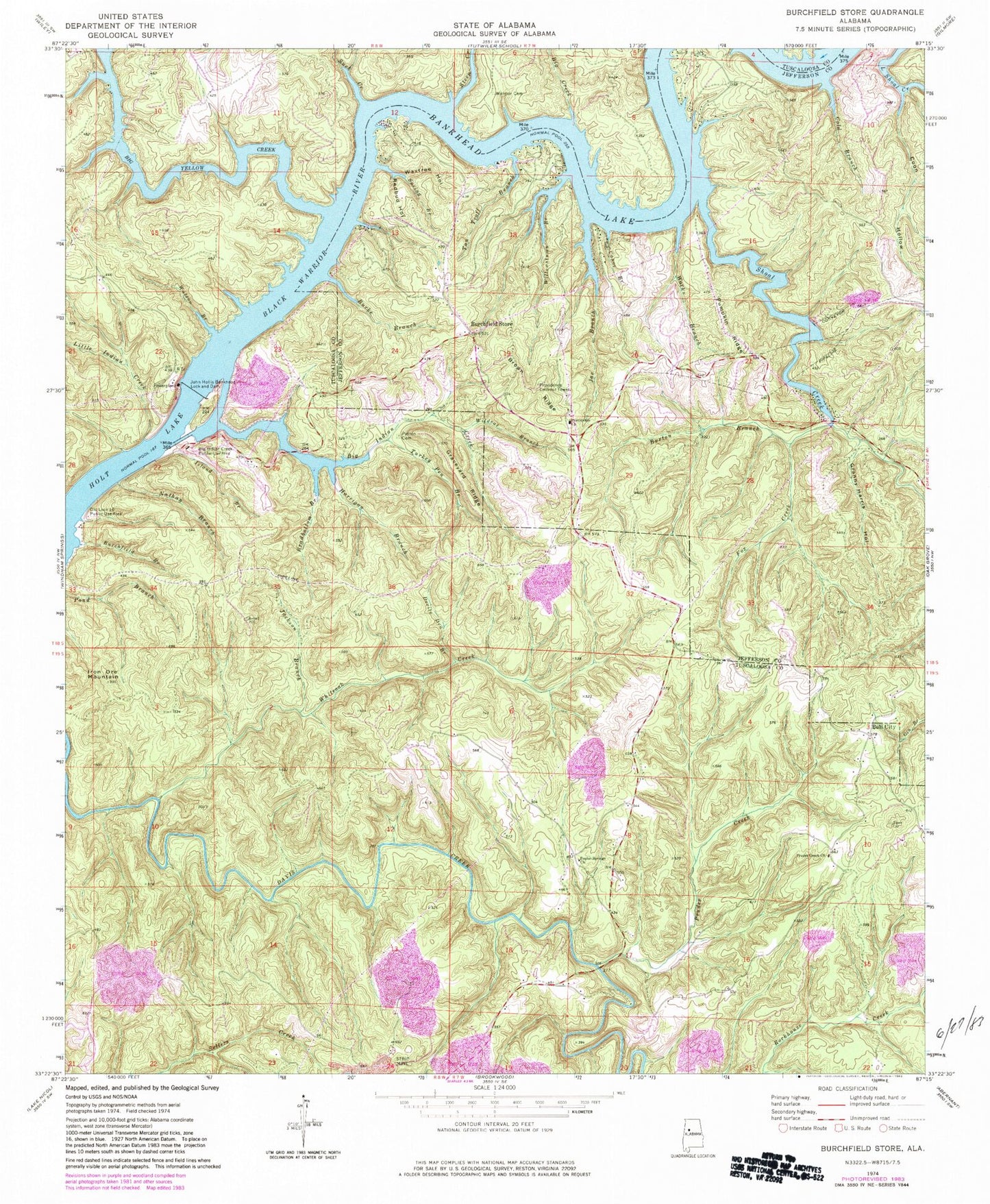 Classic USGS Burchfield Store Alabama 7.5'x7.5' Topo Map Image