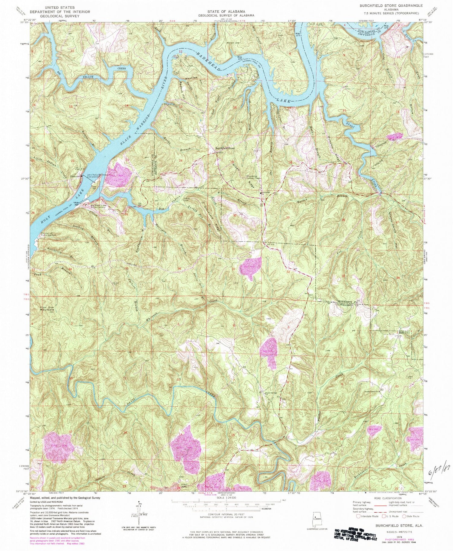 Classic USGS Burchfield Store Alabama 7.5'x7.5' Topo Map Image