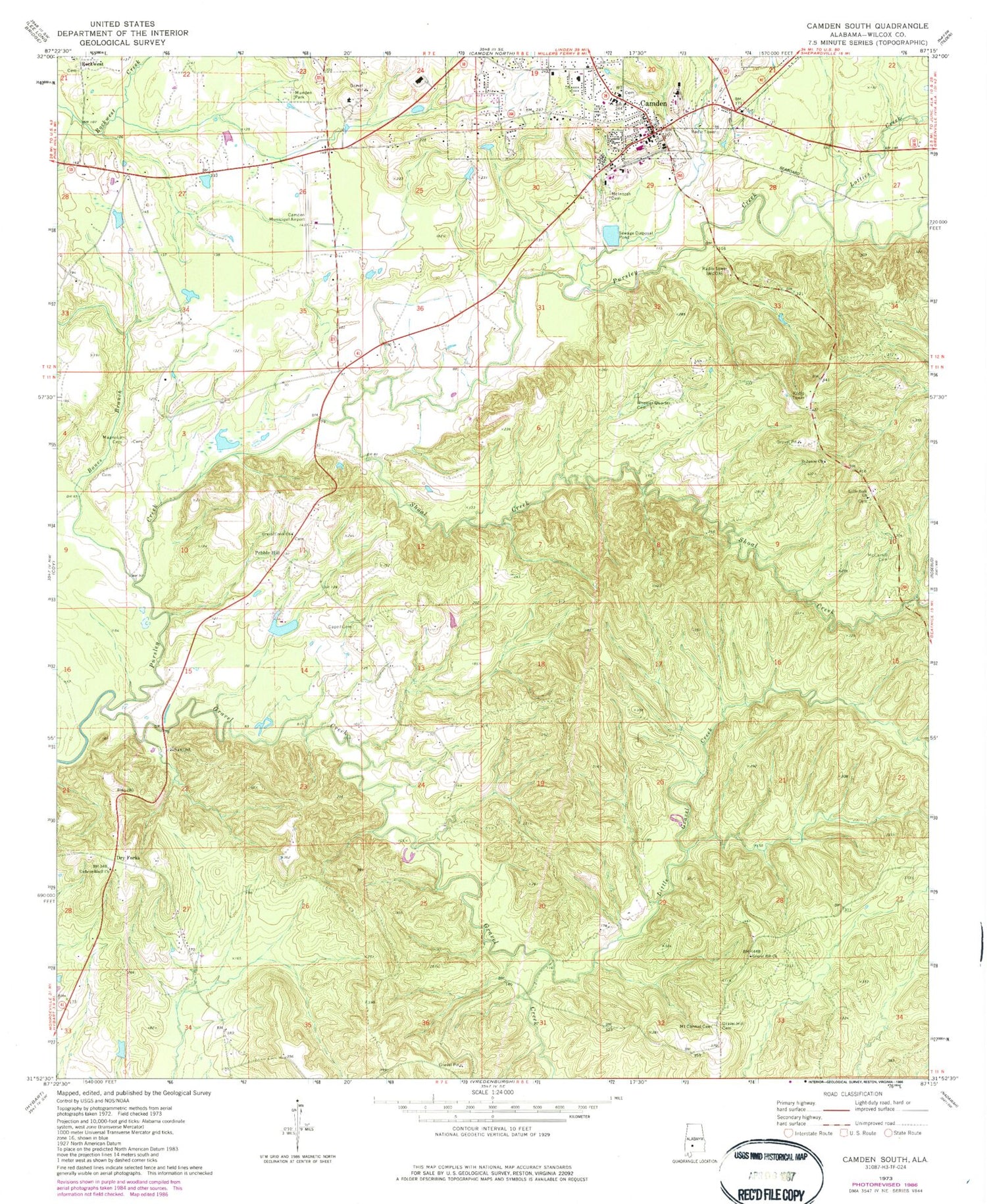 Classic USGS Camden South Alabama 7.5'x7.5' Topo Map Image