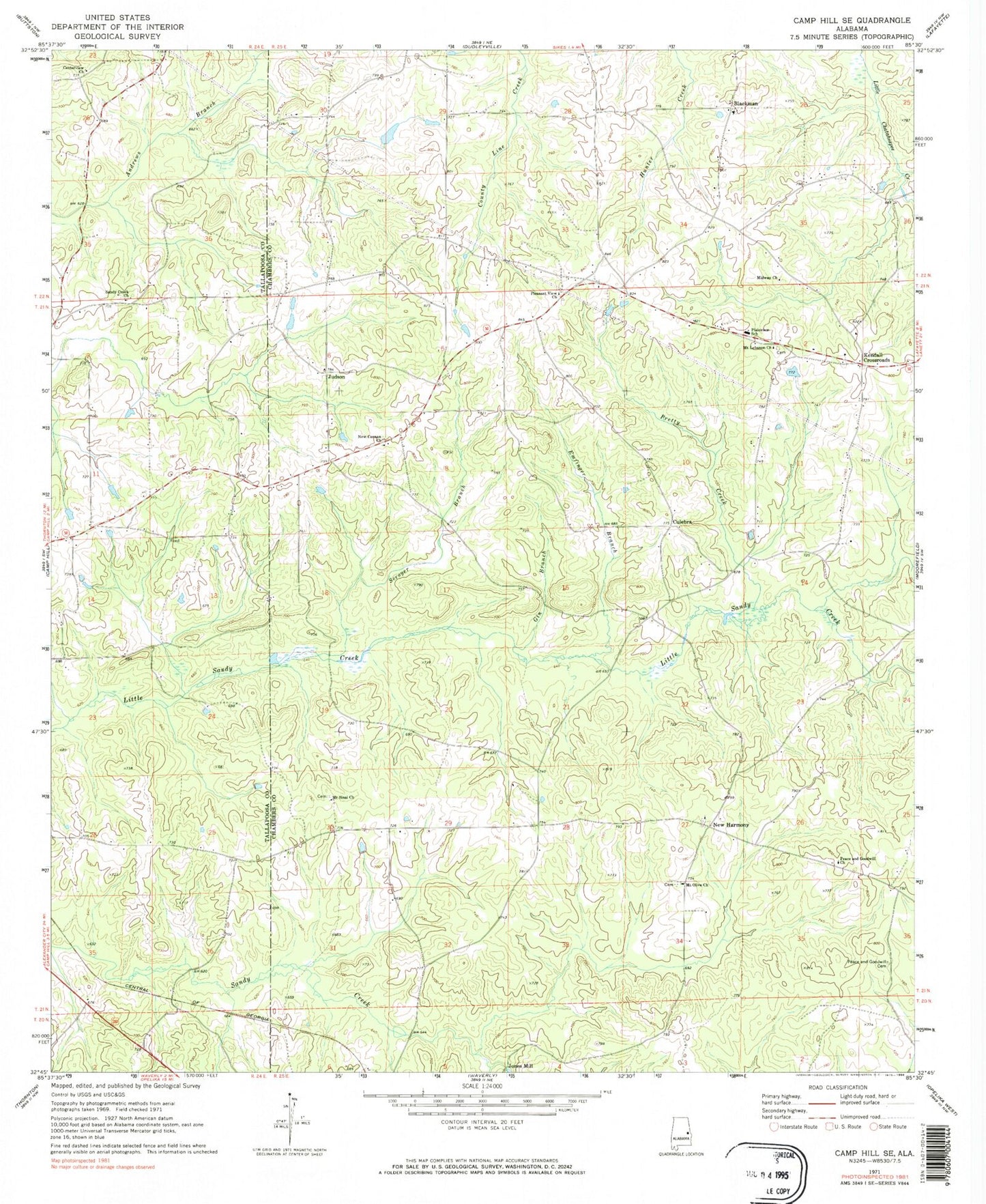 Classic USGS Camp Hill SE Alabama 7.5'x7.5' Topo Map Image