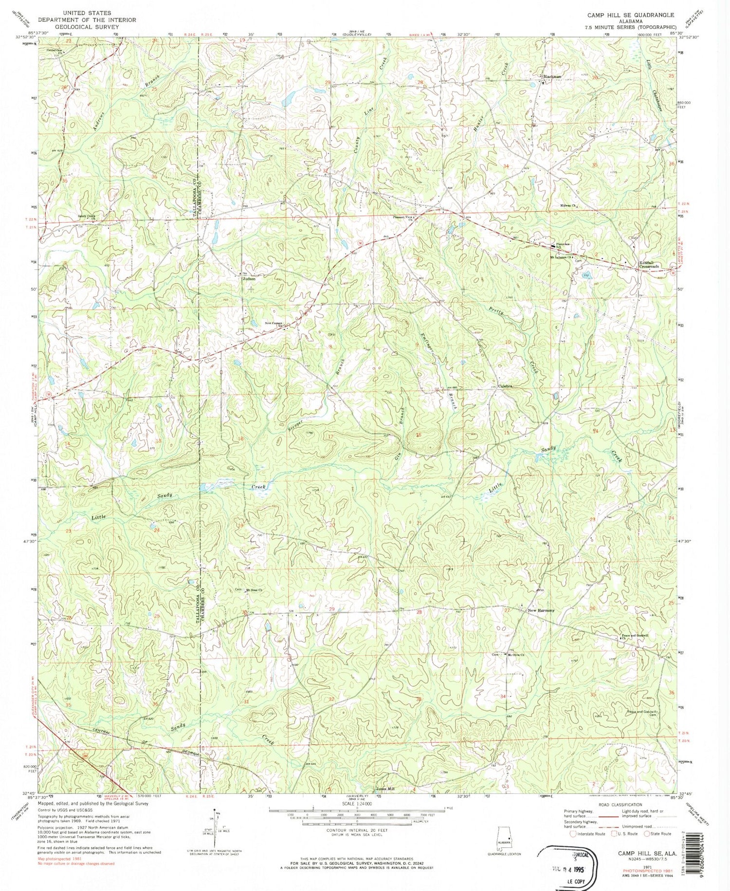 Classic USGS Camp Hill SE Alabama 7.5'x7.5' Topo Map Image