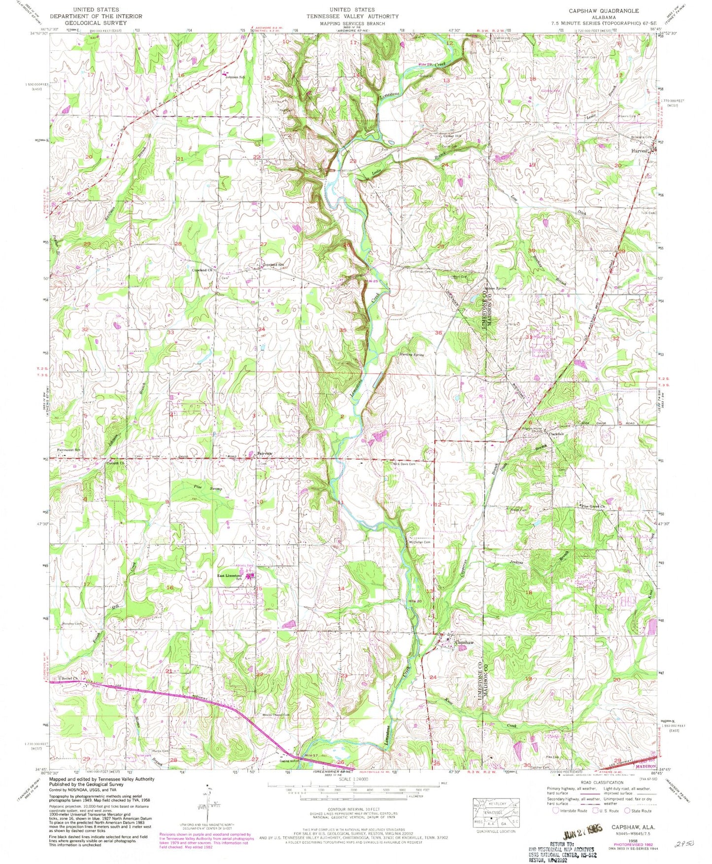Classic USGS Capshaw Alabama 7.5'x7.5' Topo Map Image